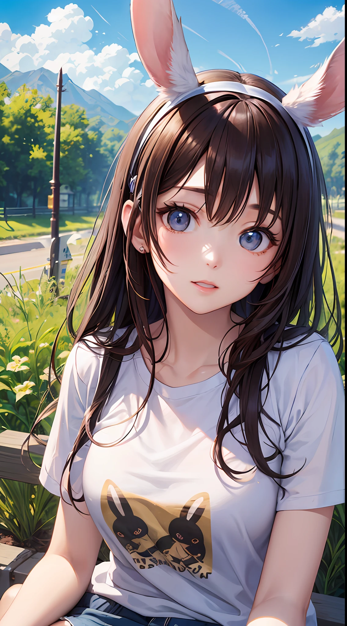 Masterpiece、A high-resolution、(maximum quality:0.8)、Female, 24 years old、Dark brown hair color、Golden Ratio Face、9 life female、Watching the viewer、perfect anime illustration、Rabbit ears、Rabbit ear hairband、Landscapes with depth、Under the blue sky、Sunshine、Light Effects、T-shirt shorts！