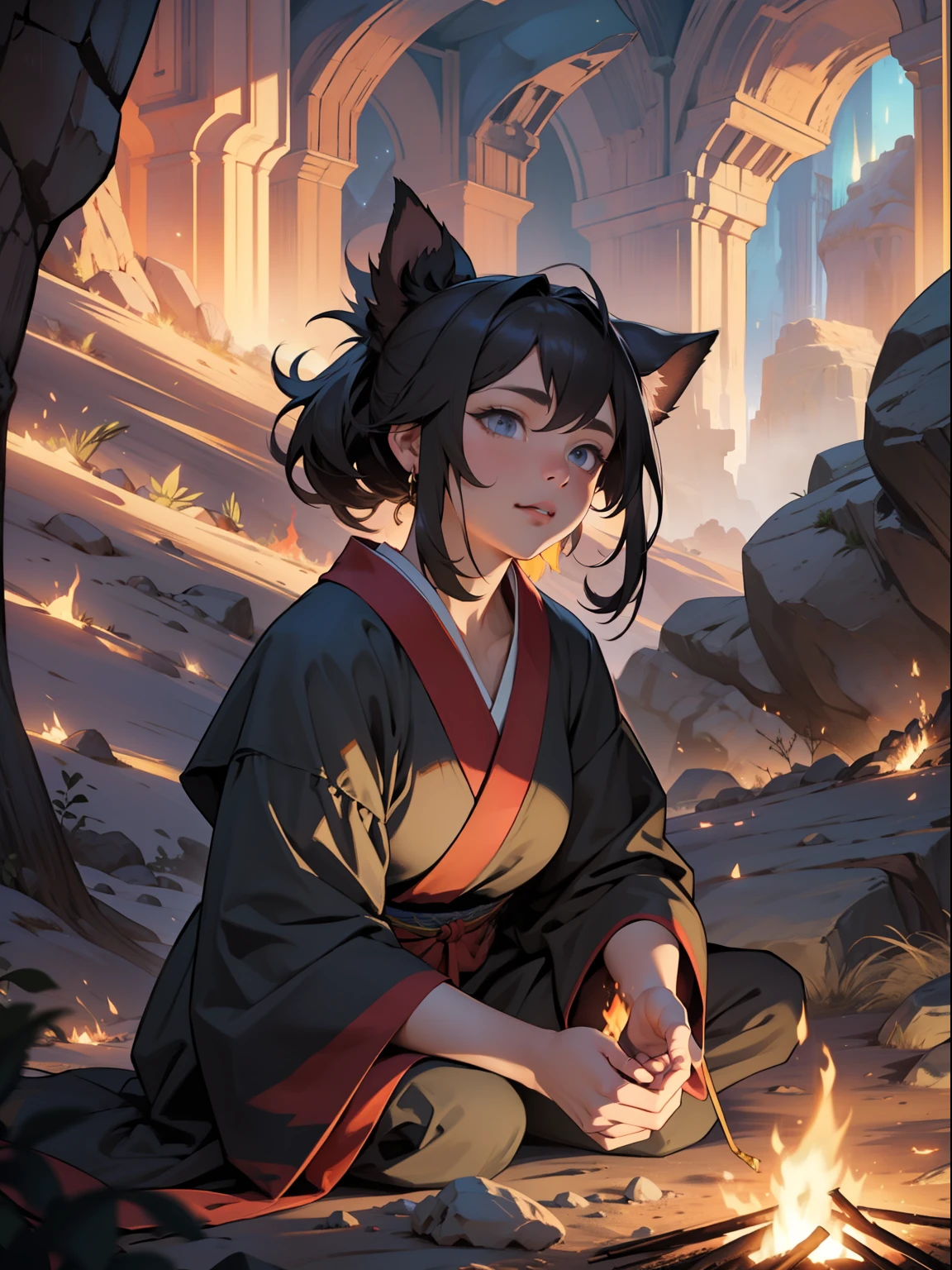 night scene in the desert, cave painting, campfire,  close up gaisha, magnificent, deep shadows,
night scene in the desert, cave painting, campfire, tent, gaisha, magnificent, deep shadows, Transcendent dimensions, by Albert Bierstadt, Artstation, by Kim Tschang Yeul, by Ko Young Hoon, Cartographic, First-Person, Moody Lighting, Beautiful Lighting
