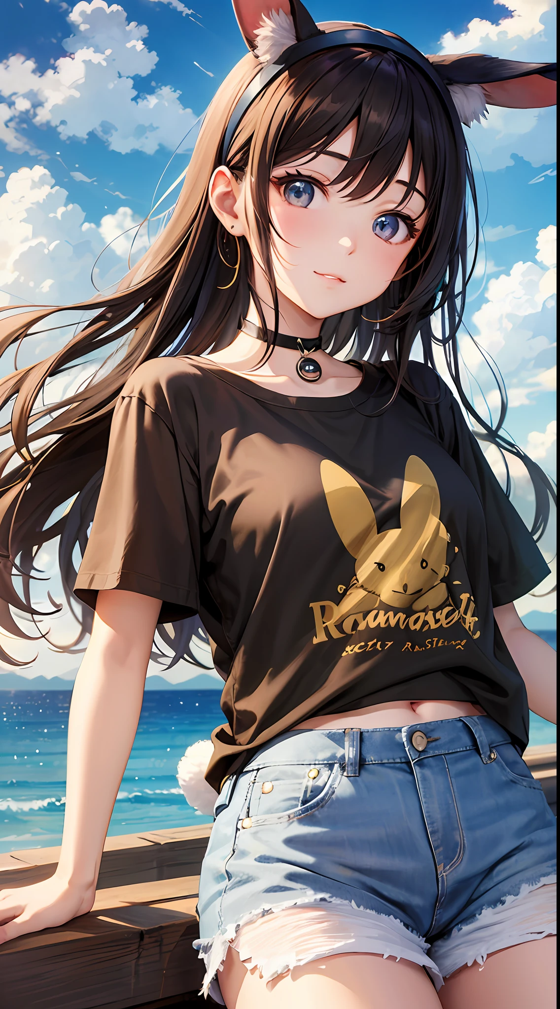 Masterpiece、A high-resolution、(maximum quality:0.8)、Female, 24 years old、Dark brown hair color、Golden Ratio Face、9 life female、Watching the viewer、perfect anime illustration、Rabbit ears、Rabbit ear hairband、Landscapes with depth、Under the blue sky、Sunshine、Light Effects、T-shirt shorts！