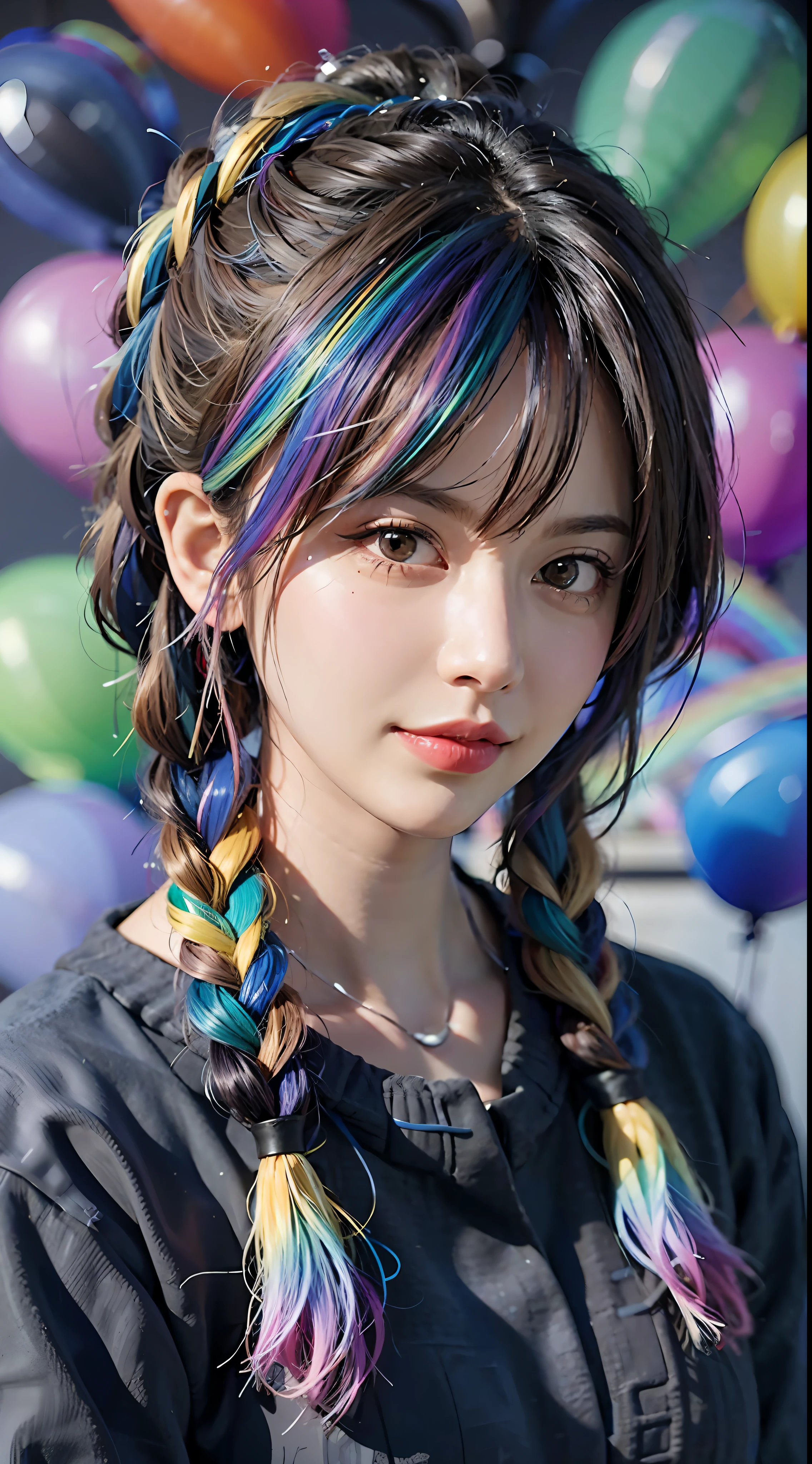 masterpiece, best quality,3d,c4d,可爱,萝莉 1 girl, pretty and cute, (rainbow color Hair,colorful hair:1.4), wearing blue and purple sunglasses, yellow jacket with white pattern, white sweater, many colored balloons, doll face, ponytail braid, perfect detail eyes, delicate face, perfect cg, HD quality, colored balloons, sky