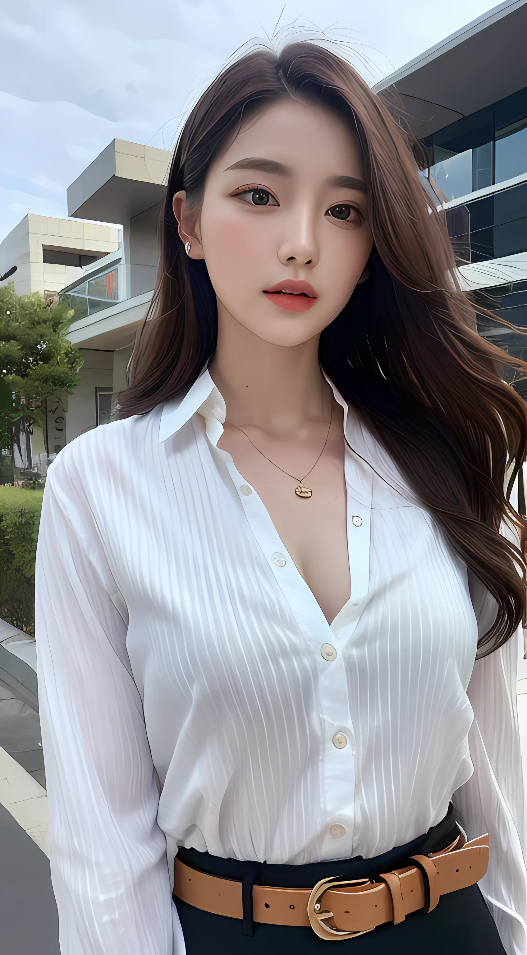 (Best quality, High resolution, Masterpiece :1.3), A tall and pretty woman, Slender abs, Dark brown hair styled in loose waves, Breasts, Wearing pendant, White button up shirt, Belt, Black skirt, (Modern architecture in background), Details exquisitely rendered in the face and skin texture, Detailed eyes, Double eyelid