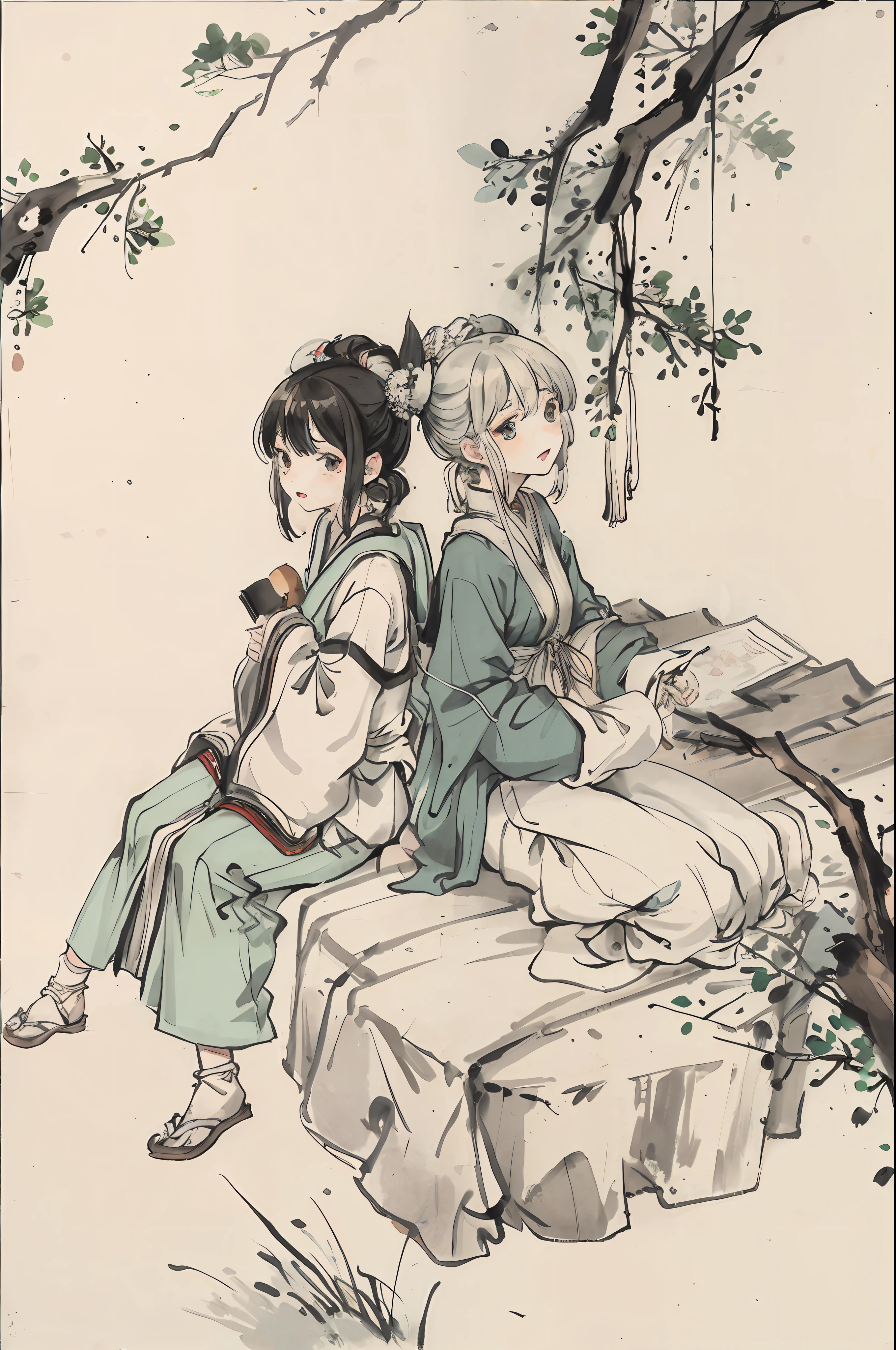 (Masterpiece, best quality: 1.2), traditional Chinese ink painting, green mountains, simple composition, (two people), sitting