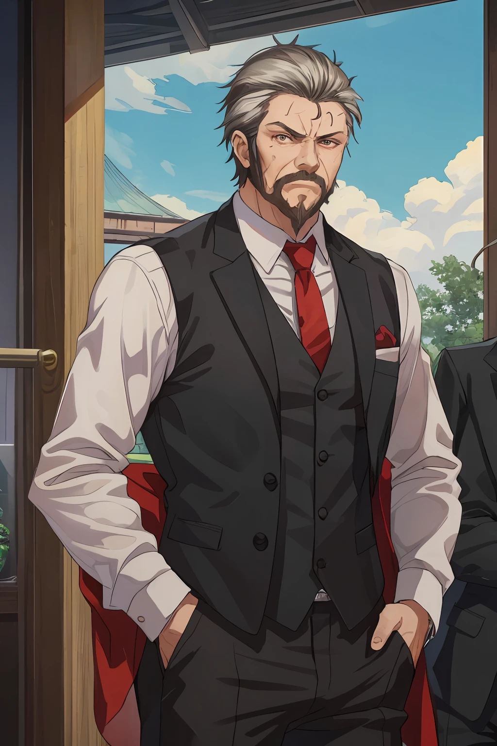 (((masterpiece))), (((((best quality))))), official art,extremely detailed CG unity 8k wallpaper,((1boy)),solo,facial hair,(((male focus))),((mature male)),slicked back hair,sideburns,bulge,stubble,((old man)),angry,detailed pupils,good eyes,(breath),heavy breathing, from above,Standing in front of some male warriors,many male warriors in background,older man,kryuger, 1boy, male focus, solo, necktie, formal, suit, black suit, hand in pocket, vest, red necktie, looking at viewer, pants, shirt,muscular male, solo, bara,large pectorals,