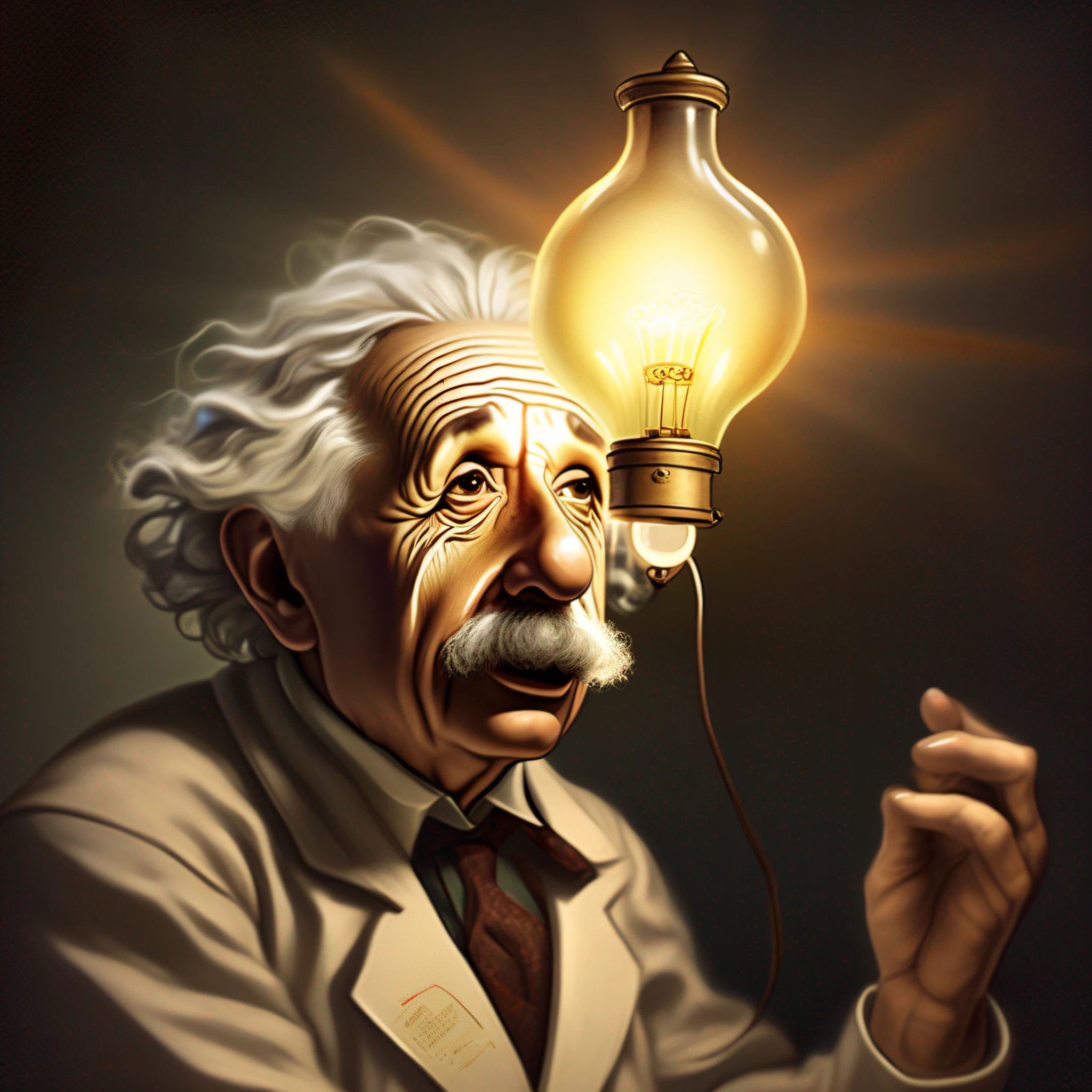 Einstein having a revelation, espantado, With a lamp under the head eureka !