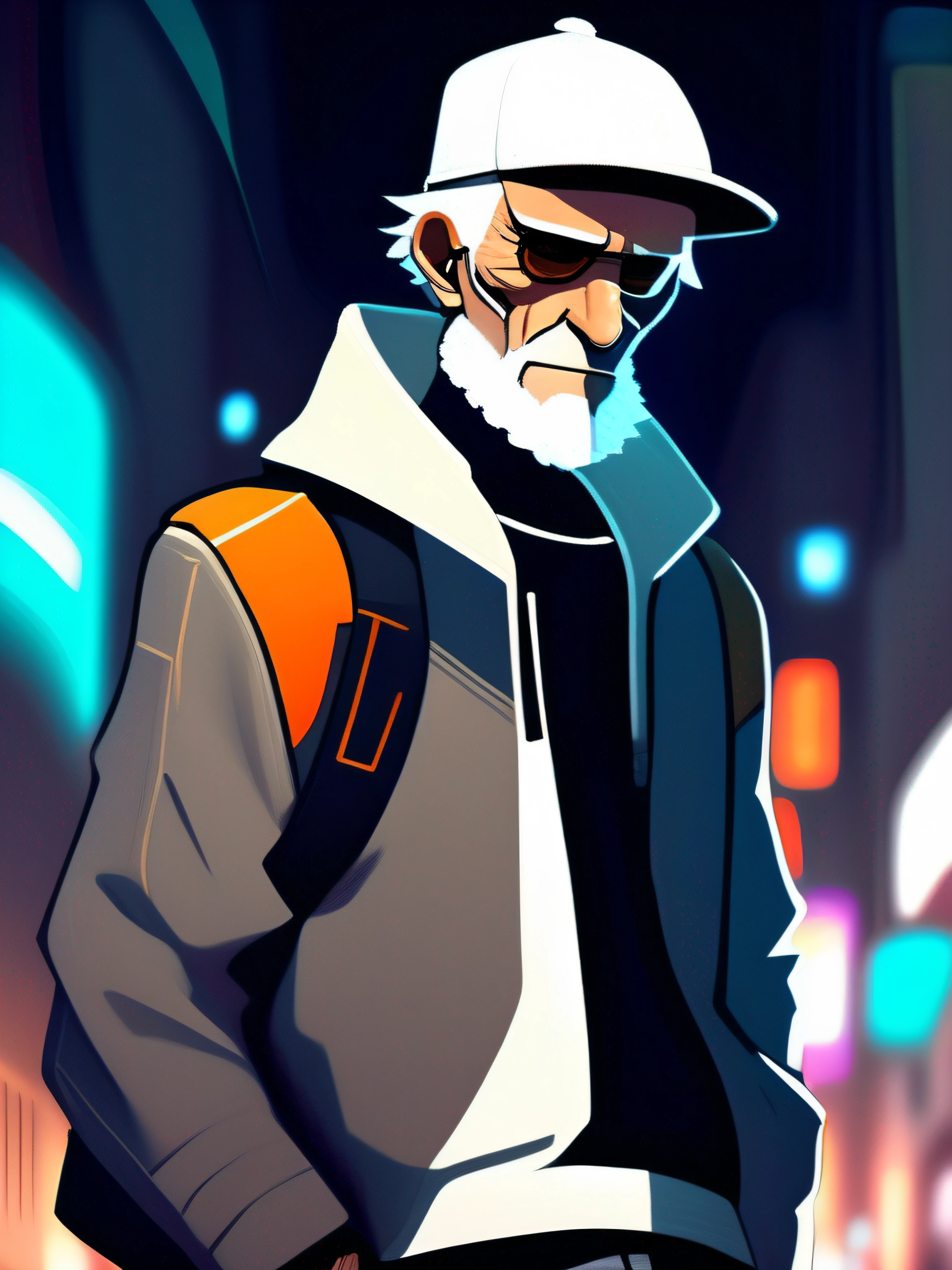 60-year-old full-body man, ropa informal, gorra, barba blanca corta, pelado, campera de cuero, buzo con capucha, con guitarra, en una calle desierta de una ciudad futurista, distopica, manga style by Ilya Kuvshinov