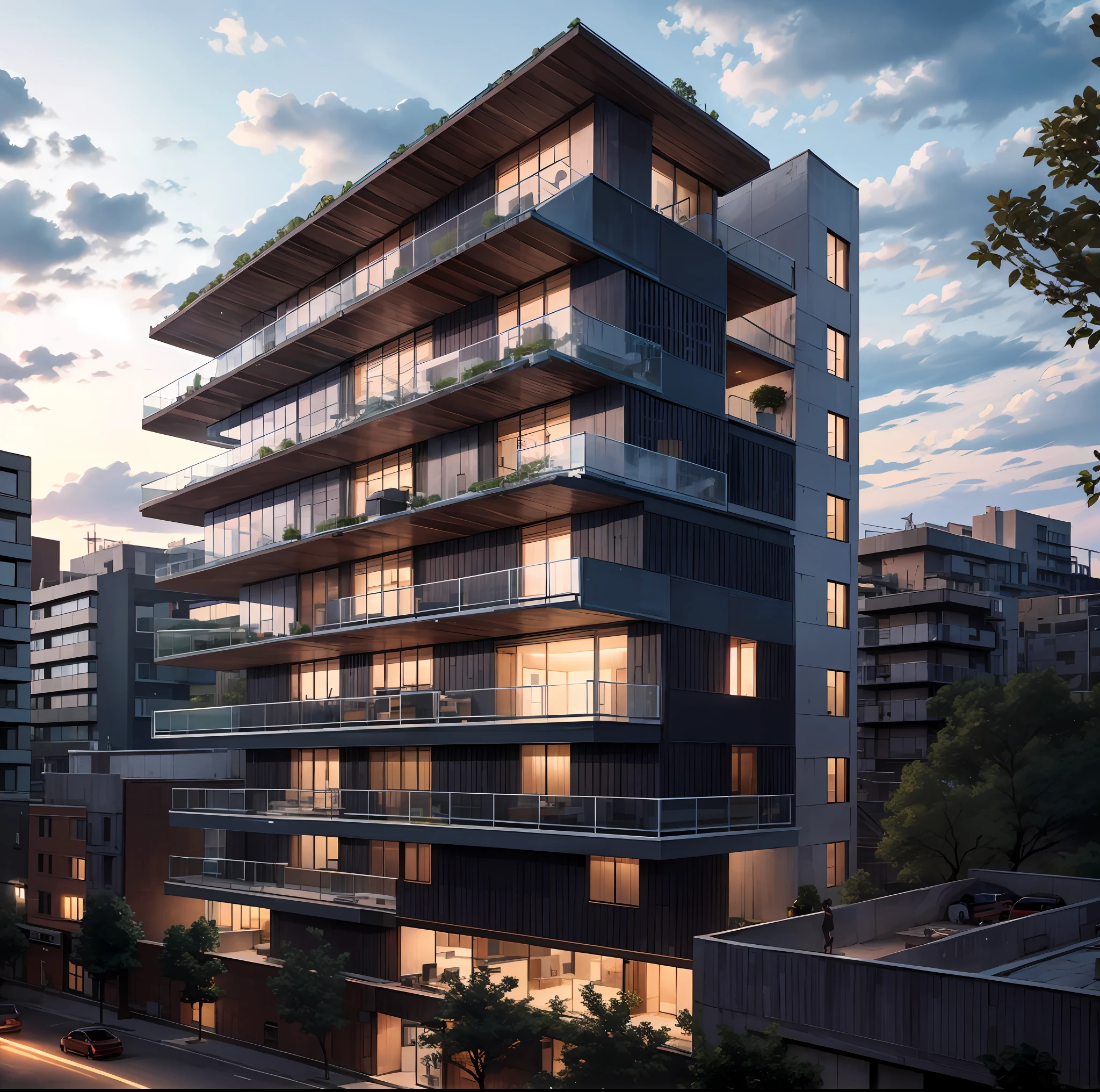 a luxurious house , brutalist architecture ,( le corbusier ), glowing lights , trees , daytime , cloudy sky , sunset
