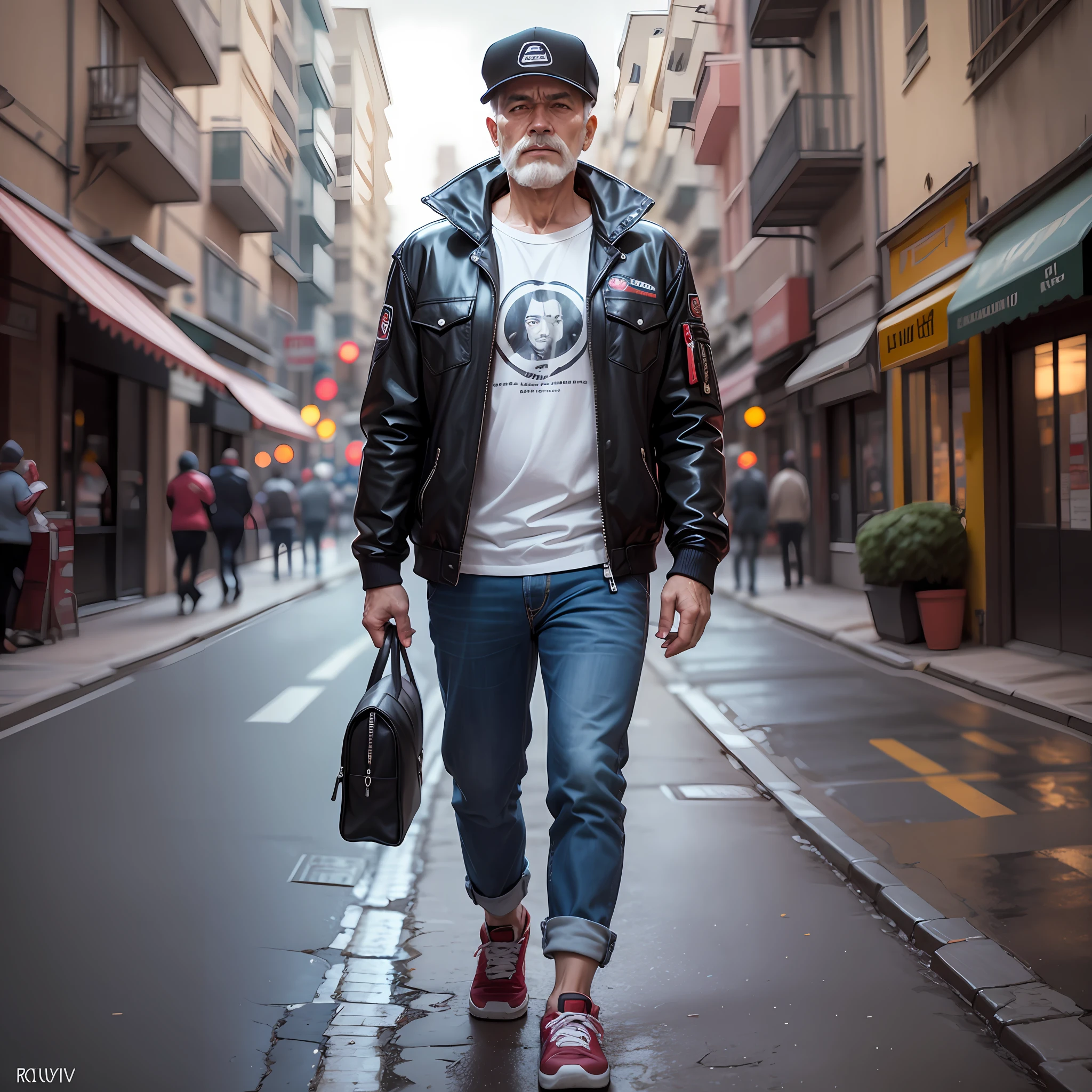 60-year-old full-body man, ropa informal, gorra, barba blanca corta, pelado, campera de cuero, buzo con capucha, con guitarra, en una calle desierta de una ciudad futurista, distopica, manga style by Ilya Kuvshinov --auto --s2