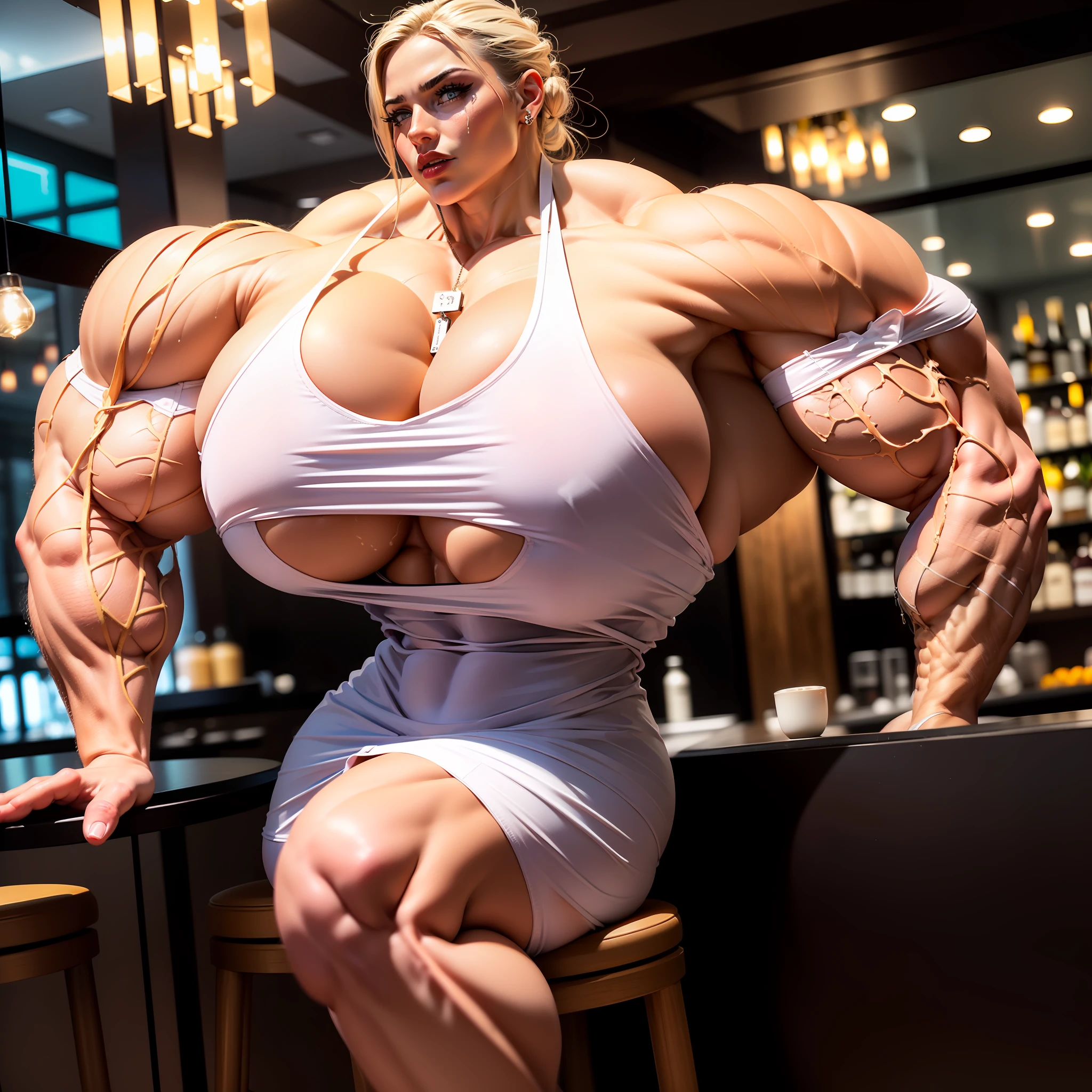 POV, ((woman sat on a bar stool in an expensive cocktail bar)), in focus, photo, full body shot, side angle, face in frame, looking at camera, eye contact, seductive, (((one woman))), a stunning beautiful Savannah Bond, ((short white dress that shows sideboob and quads)), (huge boobs:1.2), (huge cleavage:1.2), ((bodybuilder:1.5)), (huge biceps:1.5), (huge quads:1.5), (huge calves:1.5), lip fillers:1.5, silicon lips:1.5, dark lipstick, blonde hair in a messy bun, shiny oiled skin, detailed face, detailed body, detailed muscles, flawless skin, smooth skin, blemish-free skin, hdr, 8k, best quality, detailed, hyper details, cinematic, insane details, intricate details, hyperdetailed,