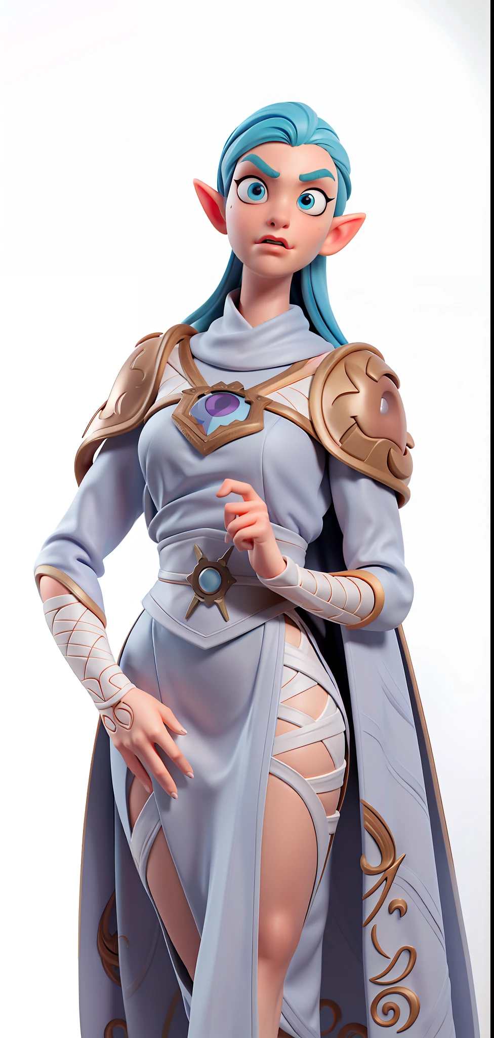(Masterpiece), (Excellent), (Super Meticulous), (Full Body: 1.2), realistic and proportional human body: 1.2, beautiful Woman, Beautiful female elf: 1.5, tall and slender, small breasts, thin waist, thick thighs, stylized hair: 1.5, solo: 1.5, 1girl, hyper detailed medieval long dress: 1.8, big realistic eyes: 1.2, hyper detailed face, multiple frames with the same character, d&d iconic character, hyper natural realistic skin, hyper realistic tattoos, very clean, confident and proud facial expression, 3D character design, extremely detailed CGI digital art wallpaper, correct anatomy cartoon style, octane rendering, fierce expression on your face, volumetry