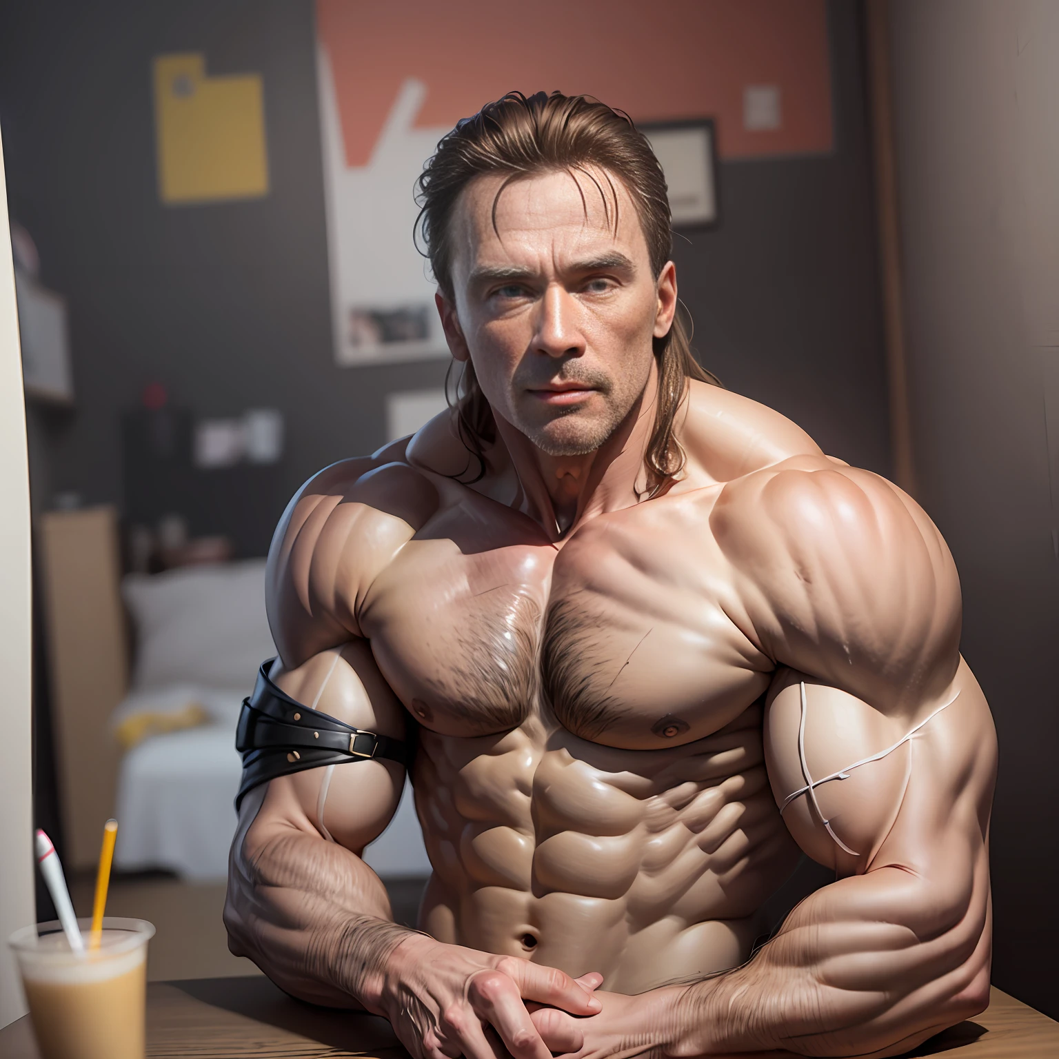 1man, corpo de Arnold Schwarzenegger, olhando para voce, foto crua, fotorrealista, hiper- qualidade, obra-prima, ilustration, extremamente detalhado, CGI, unidade, papel de parede 8k, obra-prima, melhor qualidade, arte oficial, extremamente detalhado CG unidade de papel de parede 8k, absurdres, incrivelmente absurdres, tamanho de arquivo enorme, ultra-detalhado, highres, extremamente detalhado,