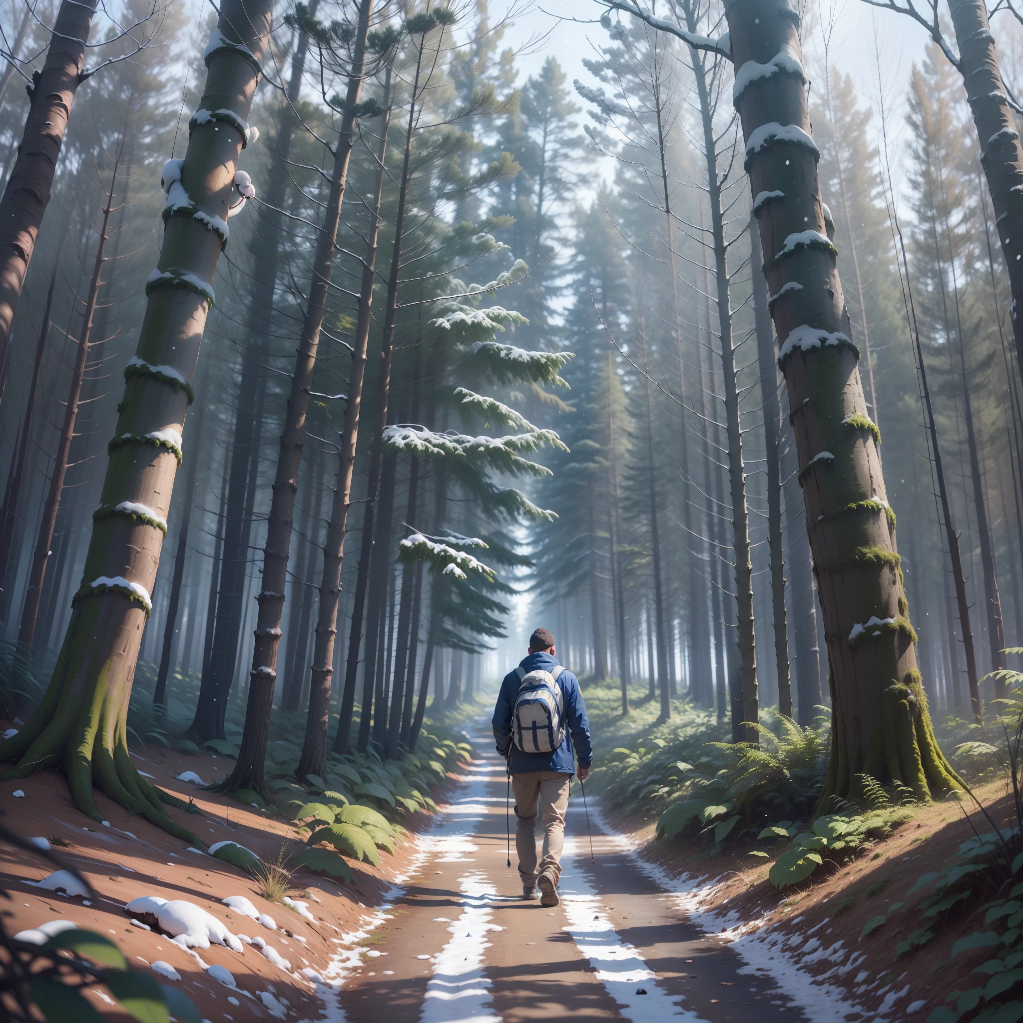 there is a man walking down a path in the woods, Caminhando pela floresta de neve, caminhando por uma floresta de neve, Caminhando na floresta de neve, ficou em uma floresta de neve, anime exuberante john 8k madeiras,