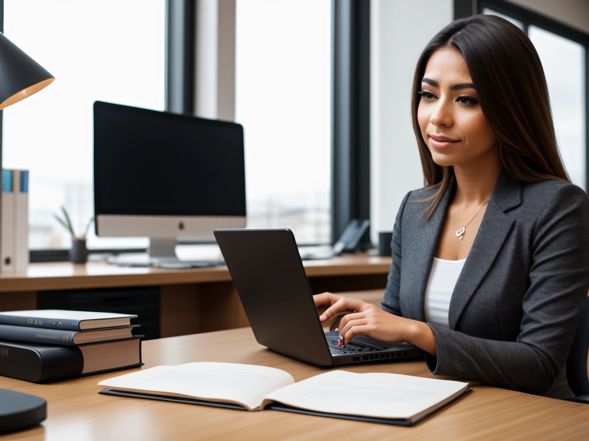 a latina woman in a office outfit typing on a laptop shot with sony alpha a9 II and sony fe 200-600mm/5.6-6.3 g oss lens, natural light, hyper realistic photograph, ultra detailed, looking at the camara