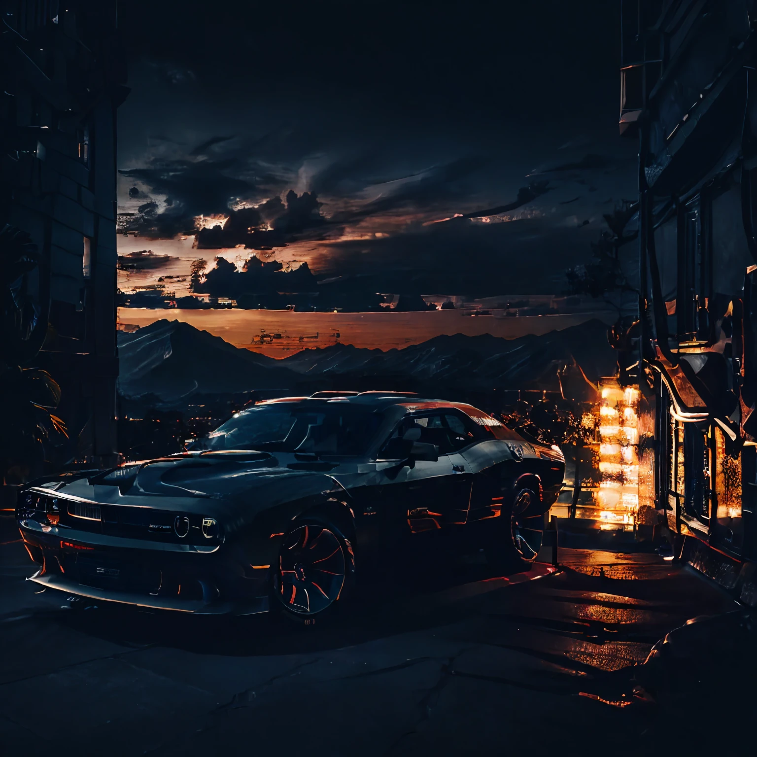 Photograph of a darkening background, (vista desde abajo con una vista del cielo), joven con capucha de espaldas con un Dodge Challenger rojo, negro, plomo (luces traceras encendidas), en una carrereta libre, Lighting details and realism, 4k, ultra-detailed. --auto