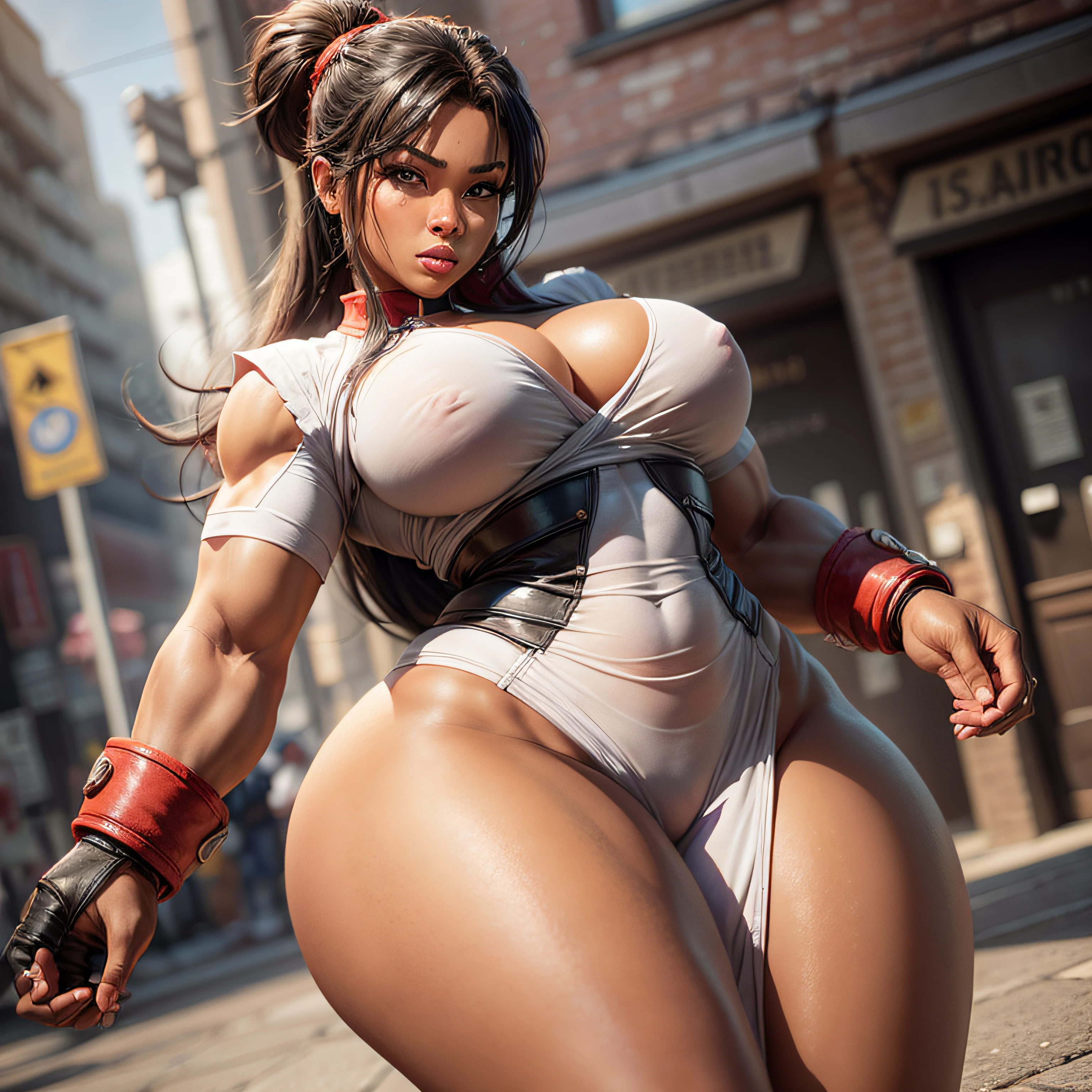 A black American woman with fabulous curves, with naturally formed and secure breasts, for a more voluptuous and attractive bust, thick thighs, effecting a shouryuken of ryu from street fighter 2, 3d render in 8k, best quality, masterpiece, nikon, realistic light and shadows, 8k, ray tracing, NVIDIA, unreal engine 5