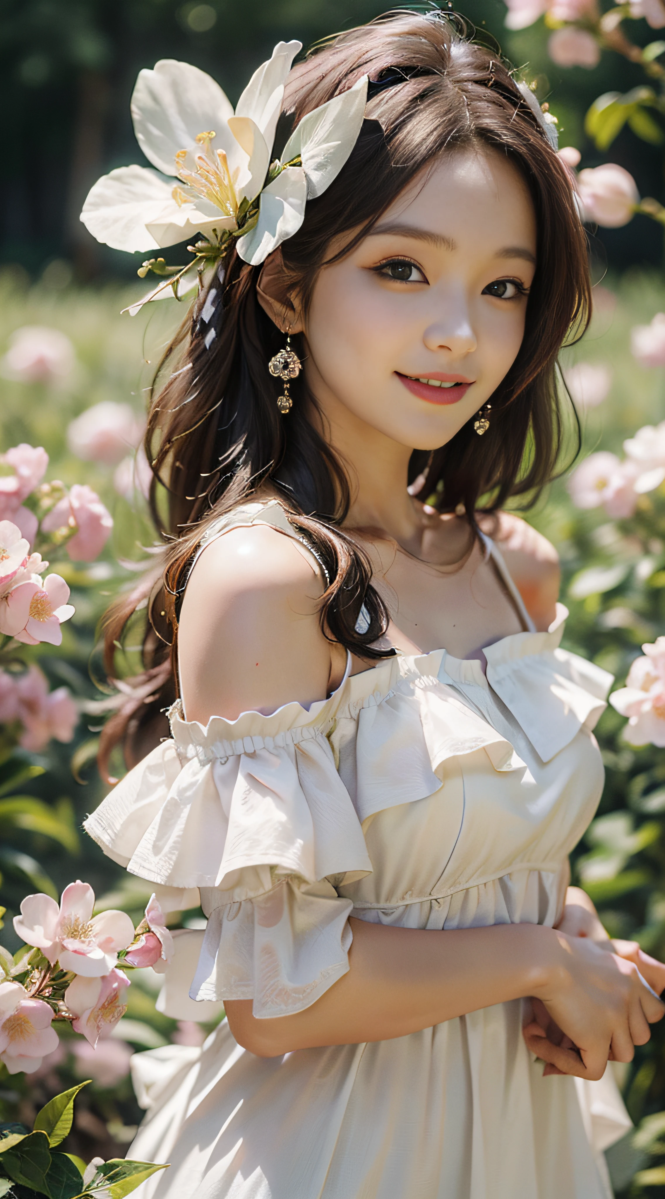 Best quality, masterpiece, ultra high res, (photorealistic:1.4), raw photo, 1girl, white dress, off shoulder, blossom flower field, glowing skin, light smile
