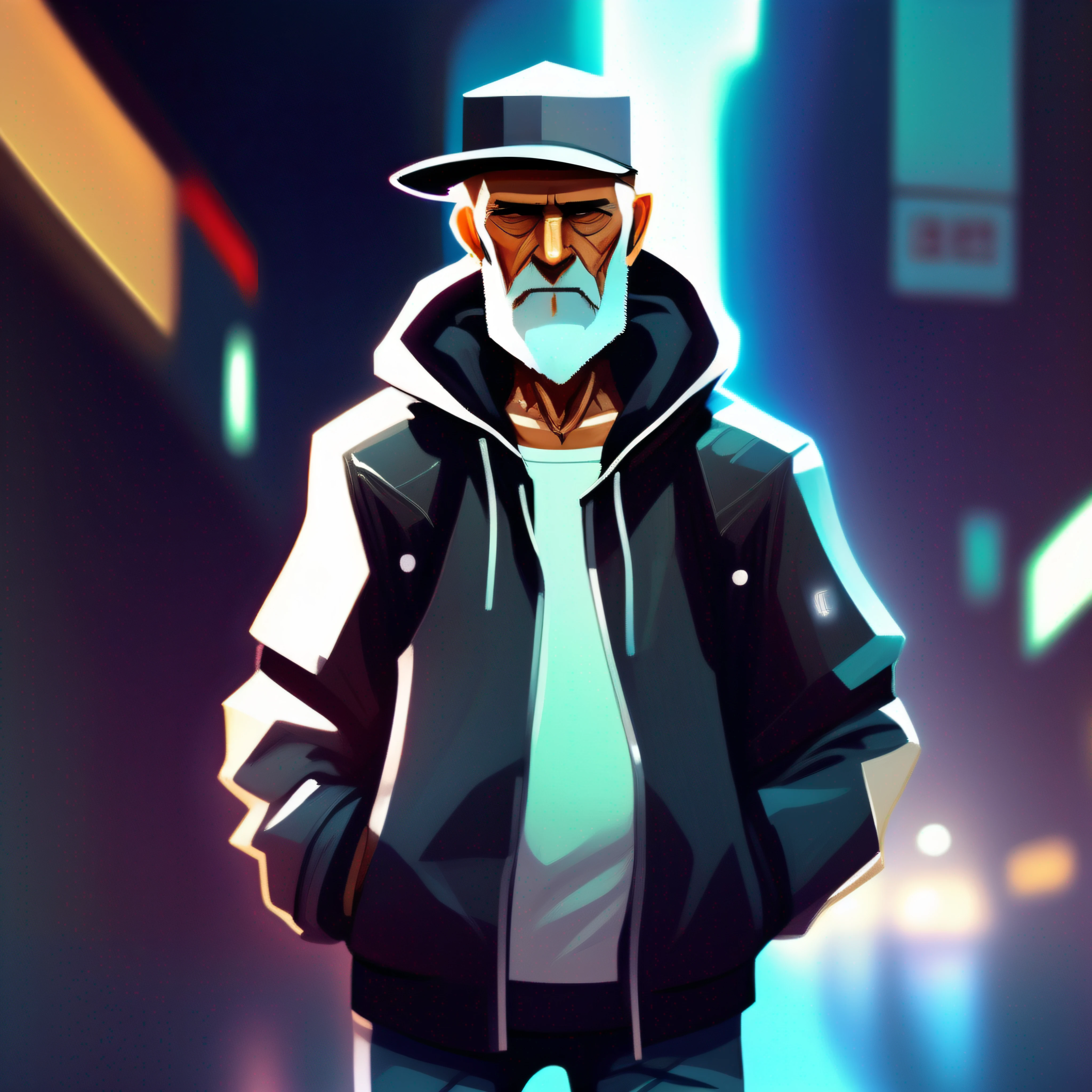 60-year-old full-body man, ropa informal, gorra, barba blanca corta, pelado, campera de cuero, buzo con capucha, con guitarra, en una calle desierta de una ciudad futurista, distopica, manga style by Ilya Kuvshinov