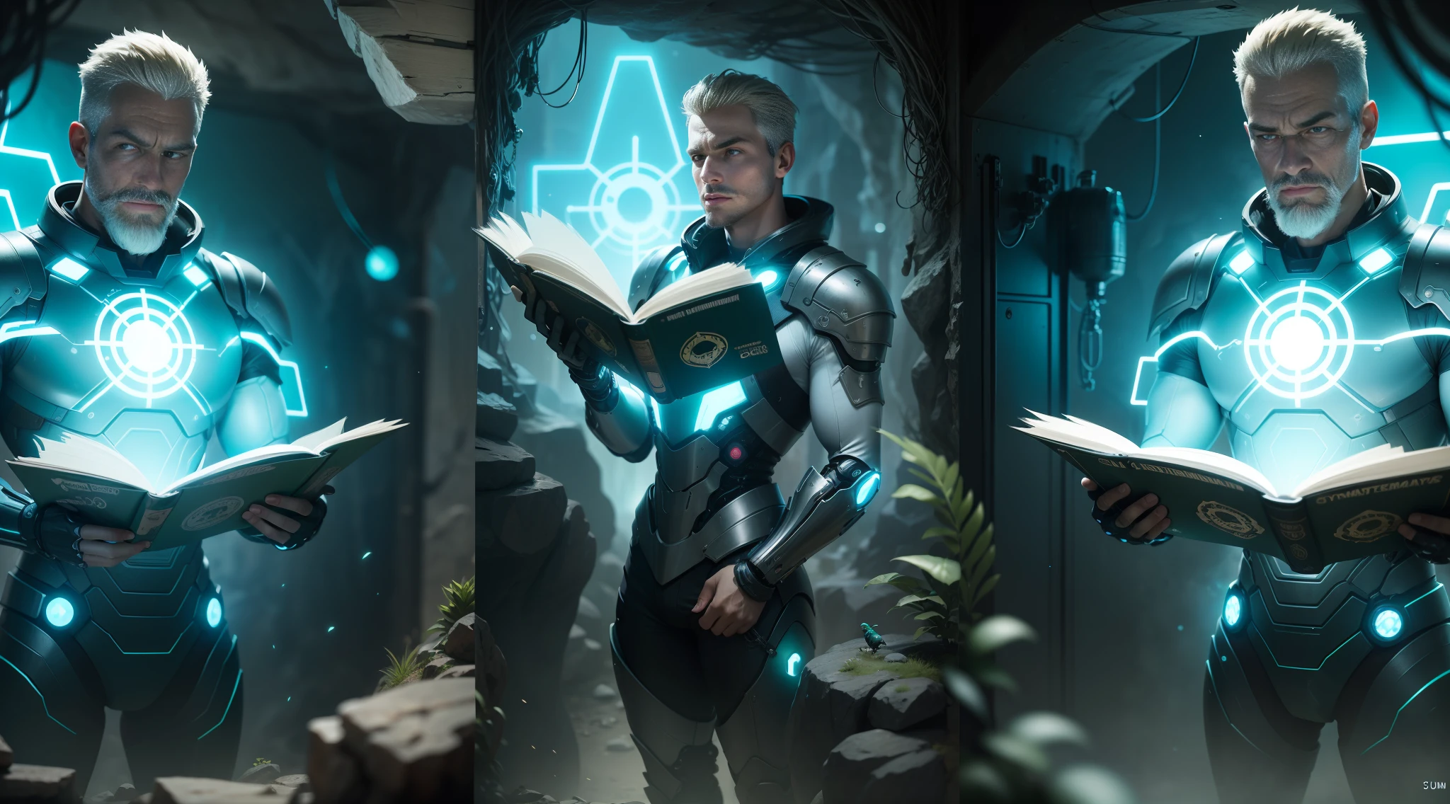 An ultra-realistic photo of 3 wise men wearing cybernetic armor,rosto ultra realista e rico em detalhes com olhares misteriosos, in a bird's-eye view of the same environment. In front of your hands, um holograma de um livro flutua, emanando uma suave luz verde, with codes and symbols bouncing off pages. The image should arouse curiosity and mystery in a positive way, transmitindo uma energia positiva. The scene is extremely detailed and realistic, evoking an epic atmosphere of a futuristic film. The setting is mystical and futuristic, situated in a cave with technological cables, iluminado por uma suave luz azul e verde, com destaques contrastantes que emanam de elementos verdes claros. Hologramas de chaves verdes, Flying codes and green light particles complement the scene. Image features include high definition, detalhes de alta qualidade, Realismo, 4K resolution, symmetry and the use of advanced rendering techniques to create a visually stunning image. --auto