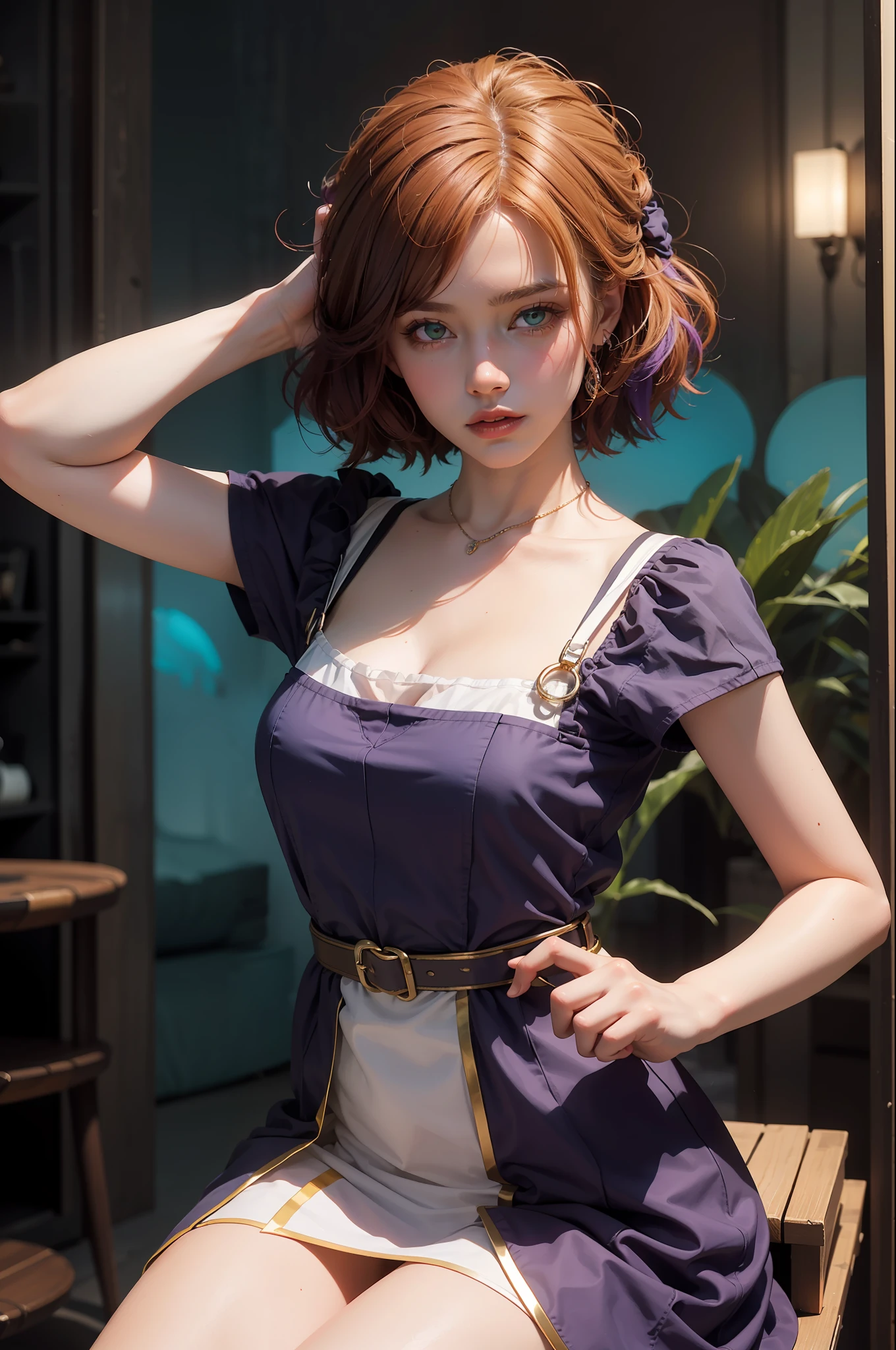 concept art, overhead angle of a Will-o'-the-wisp, wearing Funny Somali Emerald deep orange Pinafore, Caramel hair styled as Short hair, fluorescent purple Hair tie, equirectangular 360, Highres,  [(art by Willi Baumeister:1.1), (art by John T. Biggers:1.2)::17], official art, unity 8k wallpaper, ultra detailed, aesthetic, masterpiece, best quality, photorealistic