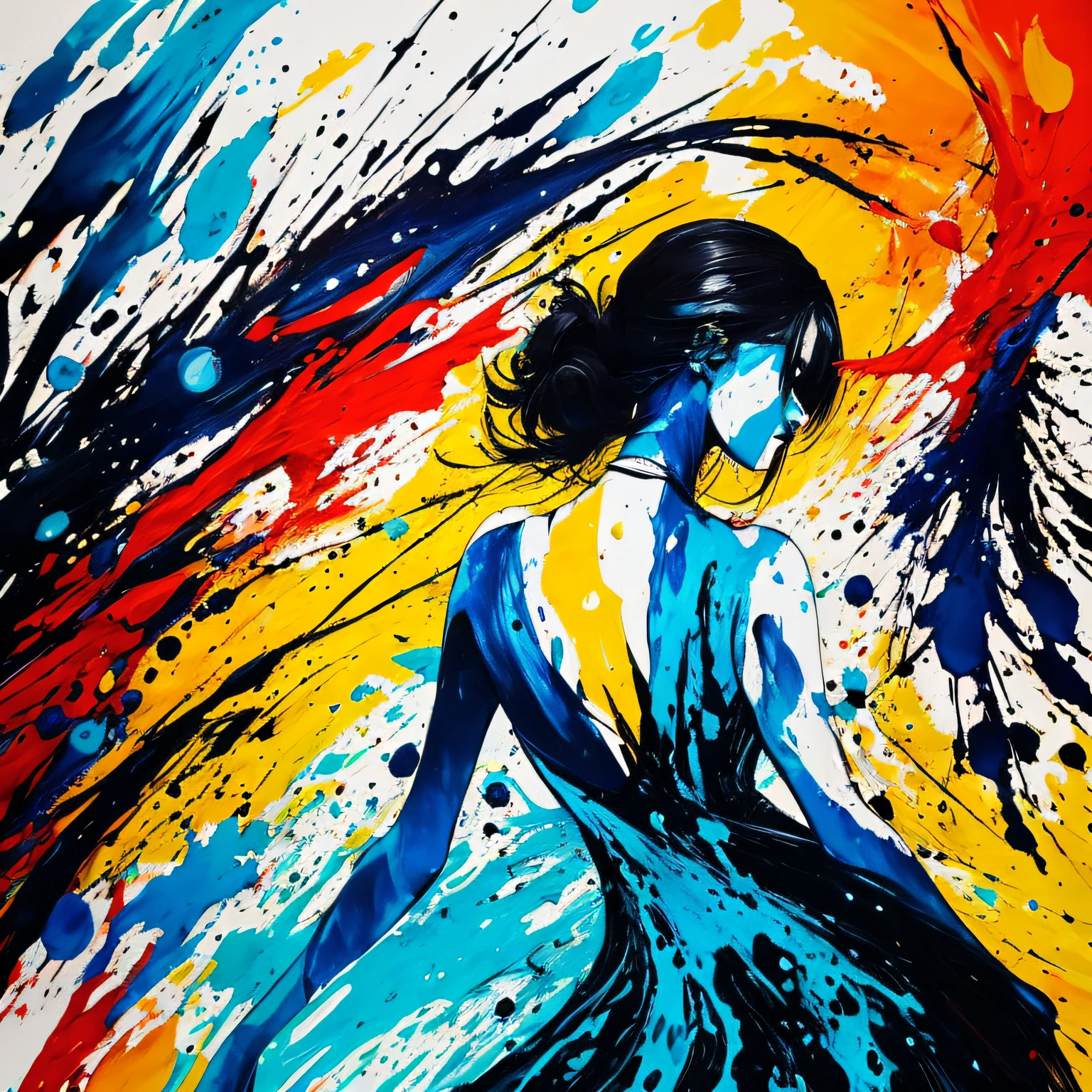pintura abstrata colorida de uma mulher em um vestido colorido, neon cor mista pintura, Tonalidade borrifada vibrante, Action painting, Sem estilo Jackson Pollock, Splatter de tinta, alguma tinta borrifada, Tonalidade Borrifada, pintura de tintas neon vibrantes, pintura por gotejamento, acrylic paint splashes, respingos de tinta, Splatter, altamente abstrato, Impressionismo abstrato