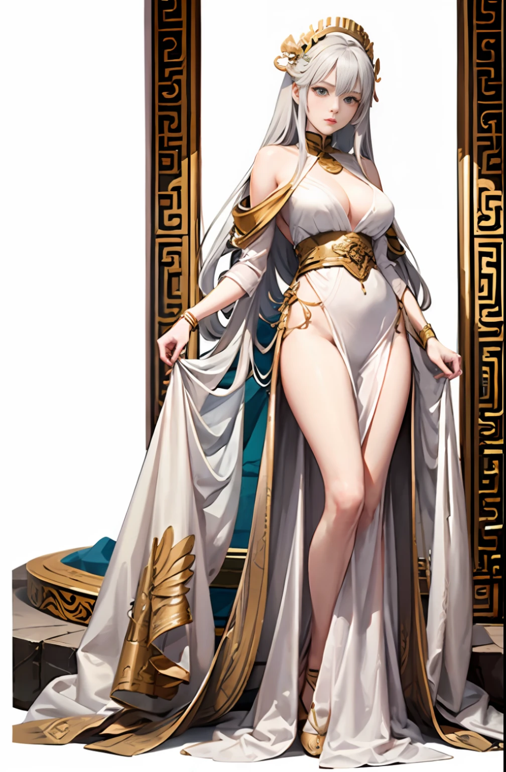 Master anime work, impeccable masterpiece, a mature noblewoman standing on a pure white background in a cool and sexy costume, female boss, ru_qun, greek peplos, chinese clothes, flowing silver hair, full body standing, slender legs, straight breasts, detailed face details, natural and beautiful standing posture, vivid and real body details