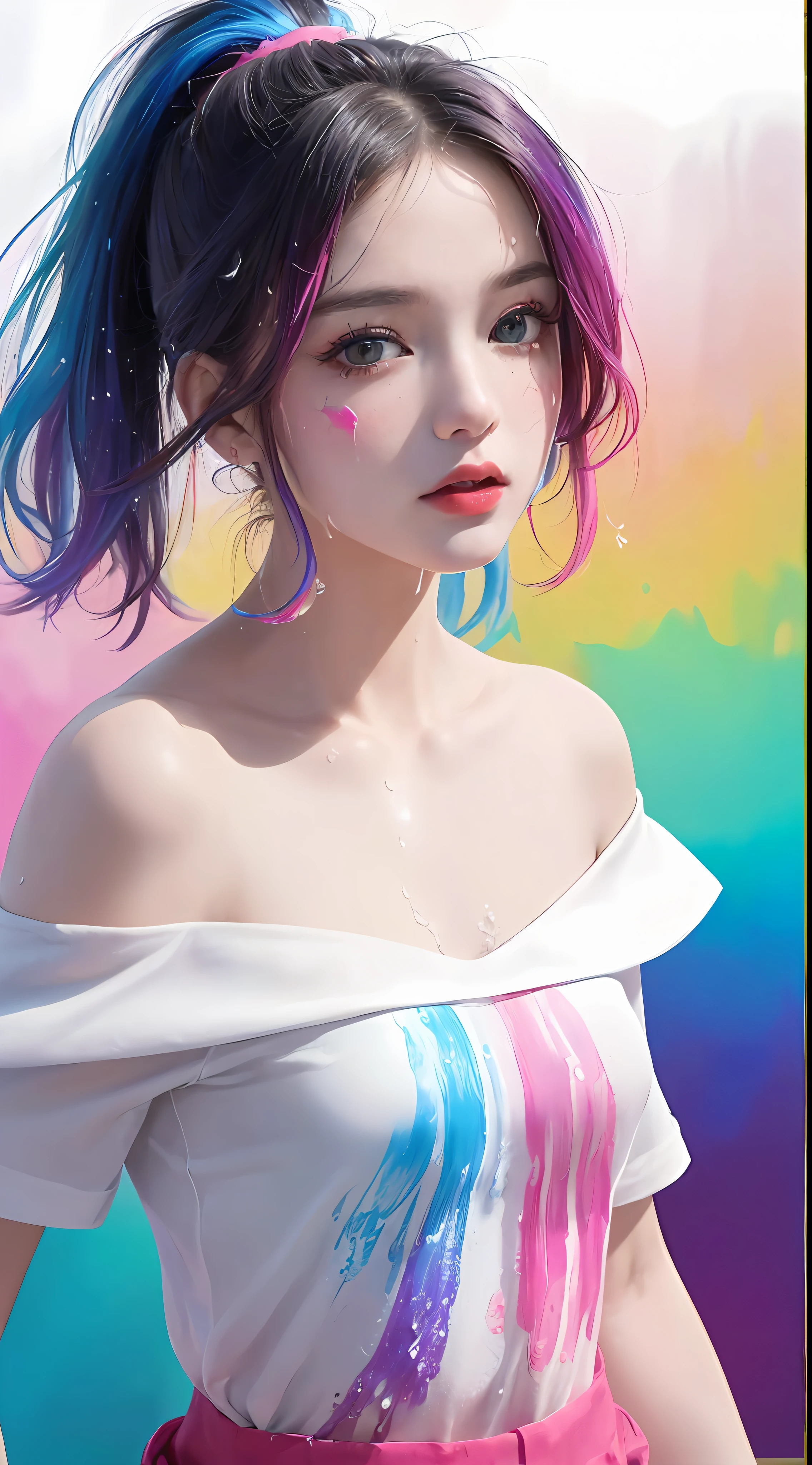 （Pink Fashion T-shirt：1.9），(Colorful hair: 1.8), (all the colours of the rainbow: 1.8),(((((vertical painting：1.6))), （painting：1.6），front, comics, illustrations, paintings, large eyes, crystal clear eyes,（ rainbow color gradient high ponytail：1.7）, exquisite makeup, closed mouth,(Small Fresh: 1.5),(Wipe Chest: 1.6) ，long eyelashes, white off shoulder T-shirt,  White Shoulder Shirt，looking at the audience, large watery eyes, (rainbow colored hair：1.6), color splash, （solo：1.8）, color splash, color explosion, thick paint style, messy lines, ((shining))，(colorful), (colorful), (colorful), colorful, Thick Paint Style, (Splash) (Color Splash), Vertical Painting, Upper Body, Paint Splash, Acrylic Pigment, Gradient, Paint, Highest Image Quality, Highest Quality, Masterpiece, Solo, Depth of Field, Face Paint,  colorful clothes, (Elegant: 1.2), gorgeous,long hair, wind, (Elegant: 1.3), (Petals: 1.4)，(((masterpiece))),(((best quality))),((ultra-detailed)),(illustration),(dynamic angle),((floating)),(paint),((disheveled hair)),(solo),(1girl) , (((detailed anima face))),((beautiful detailed face)),collar,bare shoulders,white hair, ((colorful hair)),((streaked hair)),beautiful detailed eyes,(Gradient color eyes),(((colorful eyes))),(((colorful background))),(((high saturation))),(((surrounded by colorful splashes))),