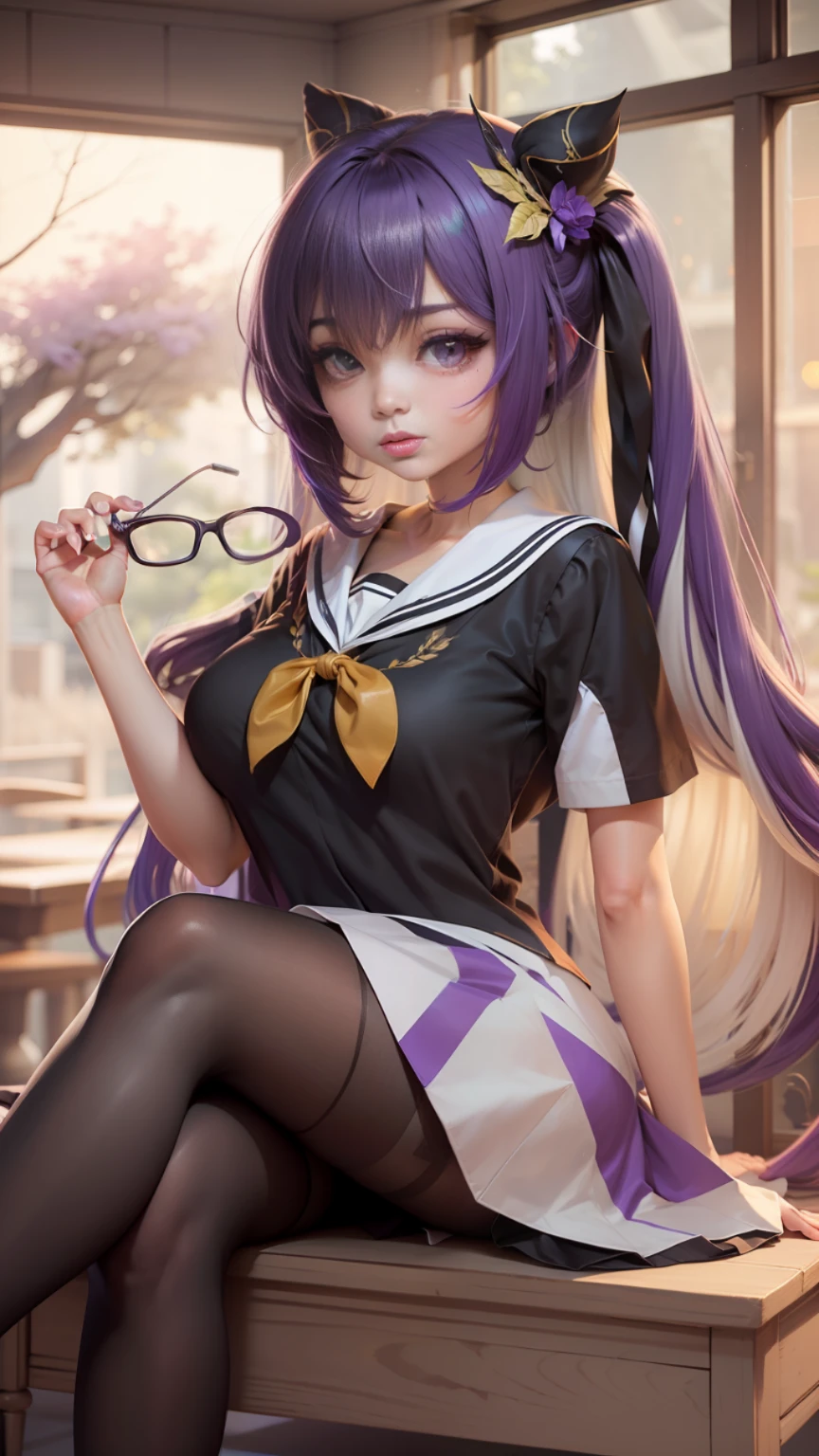 (Obra-prima), alta qualidade, Highresolution, detalhado e perfeito, pose delicada, cabelo roxo, olhos roxo, rosto corado, olhando envergonhada, sentada em uma carteira, pernas cruzadas, blusa branca simples, saia escura, dark pantyhose, meias cobrindo toda a perna. --auto