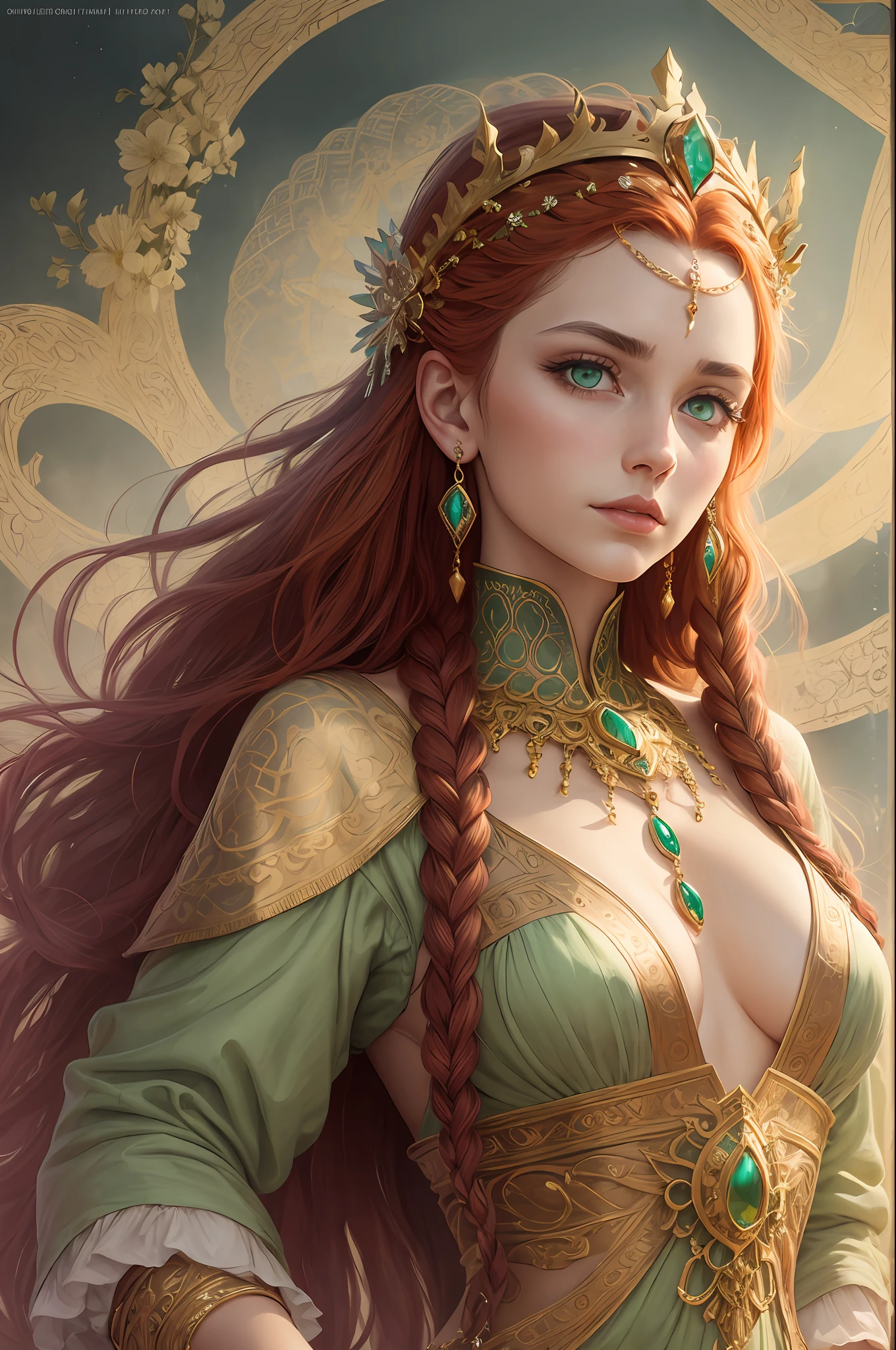 A Celtic queen stands alone, her regal and serene expression piercing through the air with her piercing green eyes. She is adorned with intricate golden jewelry and an ornate crown with Celtic motifs. Her flowing red hair is braided and adorned with delicate flowers, creating a masterpiece of the highest quality. --auto --s2