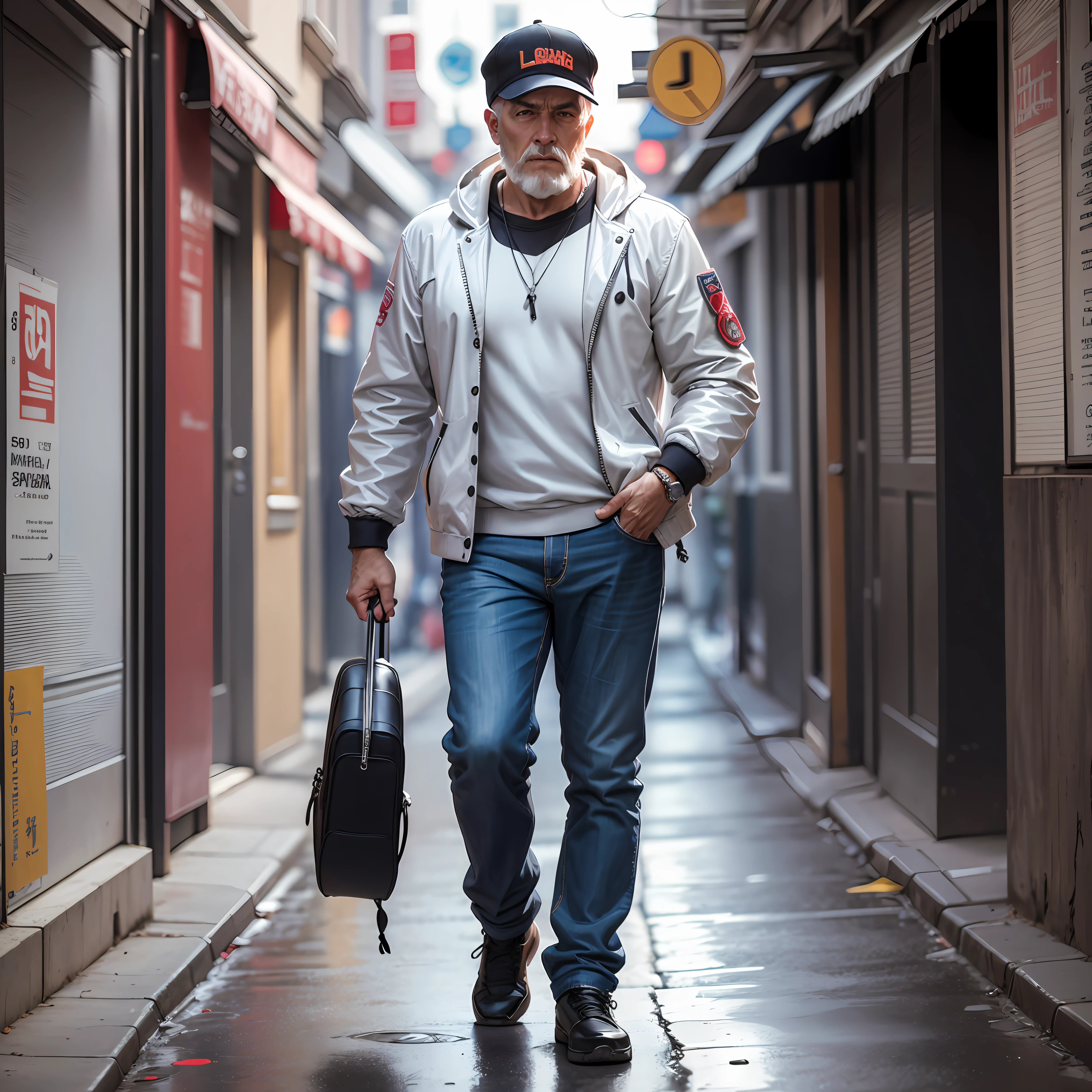 60-year-old full-body man, ropa informal, gorra, barba blanca corta, pelado, campera de cuero, buzo con capucha, llevando una guitarra, en una calle desierta de una ciudad futurista, distopica, manga style by Ilya Kuvshinov --auto --s2
