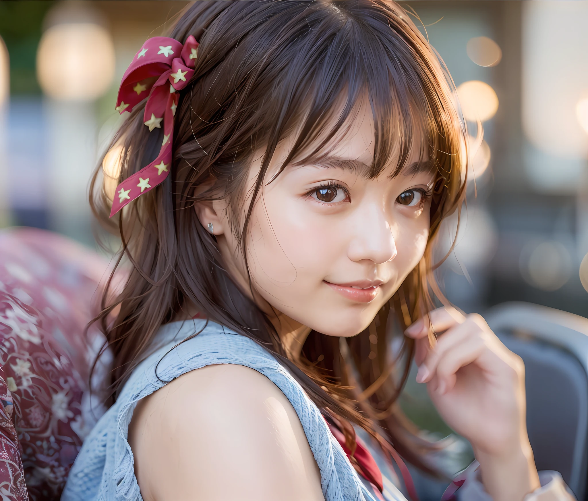 Girl sitting on the bus, Gwaitz style, beautife High School Girls, guweiz, The girls, Two Beautiful Girls, 4 k, realistic 3 d style, Live Action、Realstic、a Pretty、(anextremelydelicateandbeautiful:1.2) The girls、Bangs、Blue Eye、Blurry、background blurred、ribbons、Brown hair、With mouth closed、from side、Hair between both eyes、Hair ribbon、Lantern、Particles of light、sleeved、Summer clothes、Watching your audience、Medium hair、night、Red ribbon、solo、star\ (Symbols\)、Sorrisos、Red lips、Blurred background,Real live