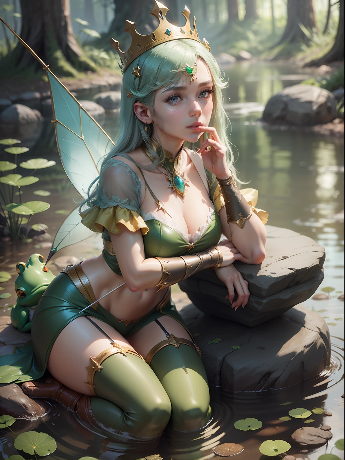 drawing
beautiful girl frog princess sits on a stone
Russian fairy tale
crown
arrow in the mouth
swamp
stone
water
unreal engine, octane render, trending on artstation, highly detailed, studio lighting, professional