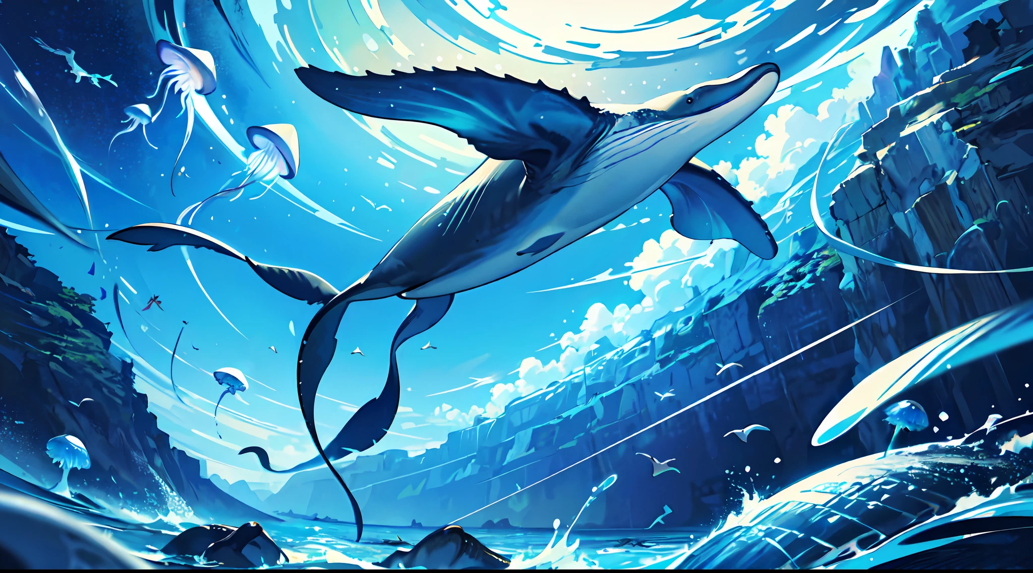 (((masterpiece))), ((best quality)), detailed, professional lighting, (((Ultra Detailed))),absurdres,(((incredibly absurdres))), whales fall in sky, colorful jellyfish