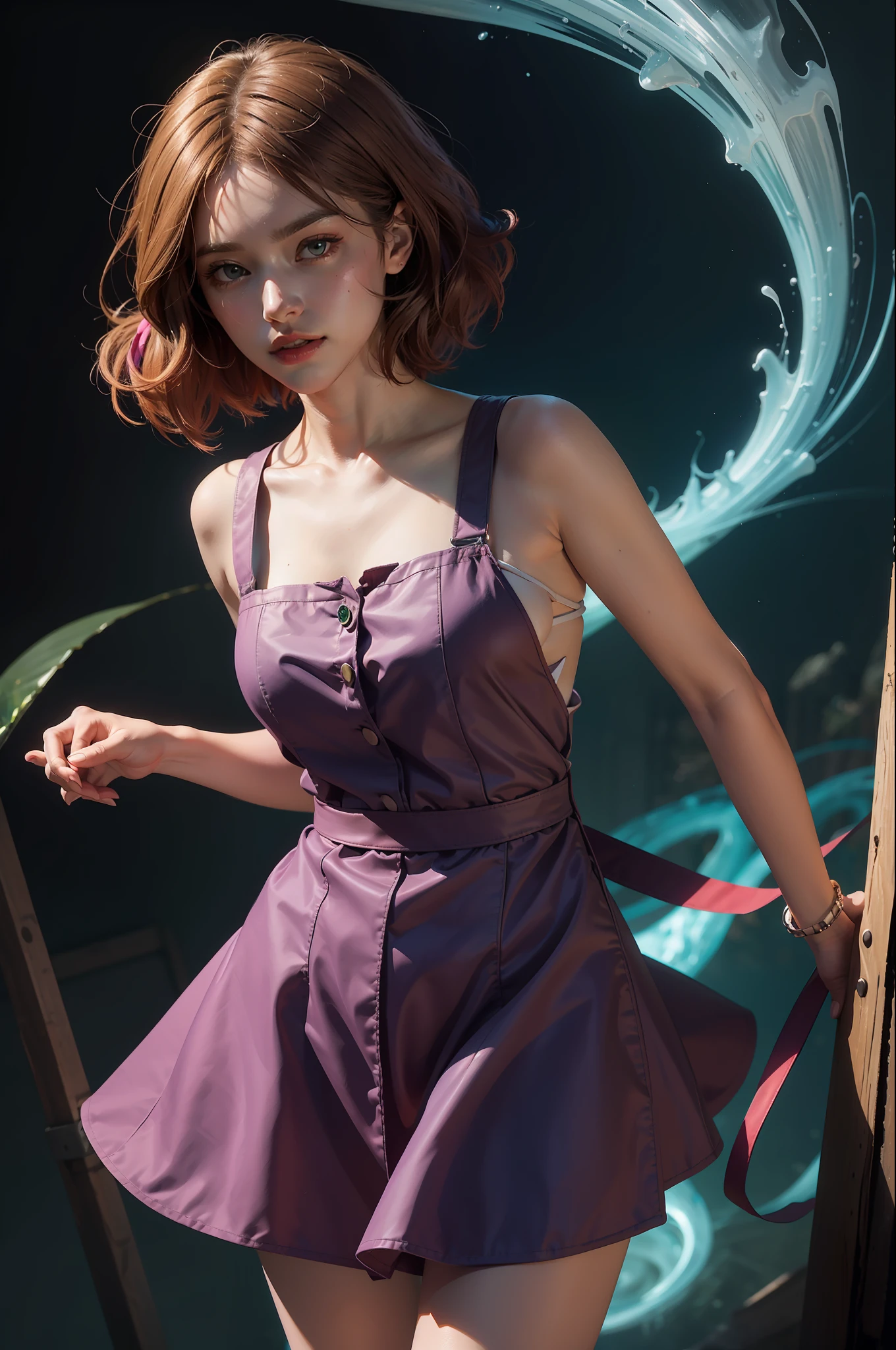 concept art, overhead angle of a Will-o'-the-wisp, wearing Funny Somali Emerald deep orange Pinafore, Caramel hair styled as Short hair, fluorescent purple Hair tie, equirectangular 360, Highres,  [(art by Willi Baumeister:1.1), (art by John T. Biggers:1.2)::17], official art, unity 8k wallpaper, ultra detailed, aesthetic, masterpiece, best quality, photorealistic