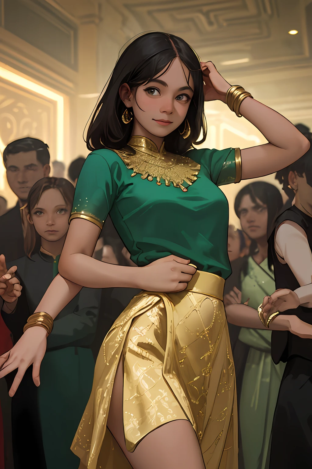 (masterpiece, best quality, realistic),
1girl, background, indian dress, dancing, intricate, dark green dress, gold, indian palace, india, indian person, banquet, crowd, picking up skirt, darker skin,
[slight smile],