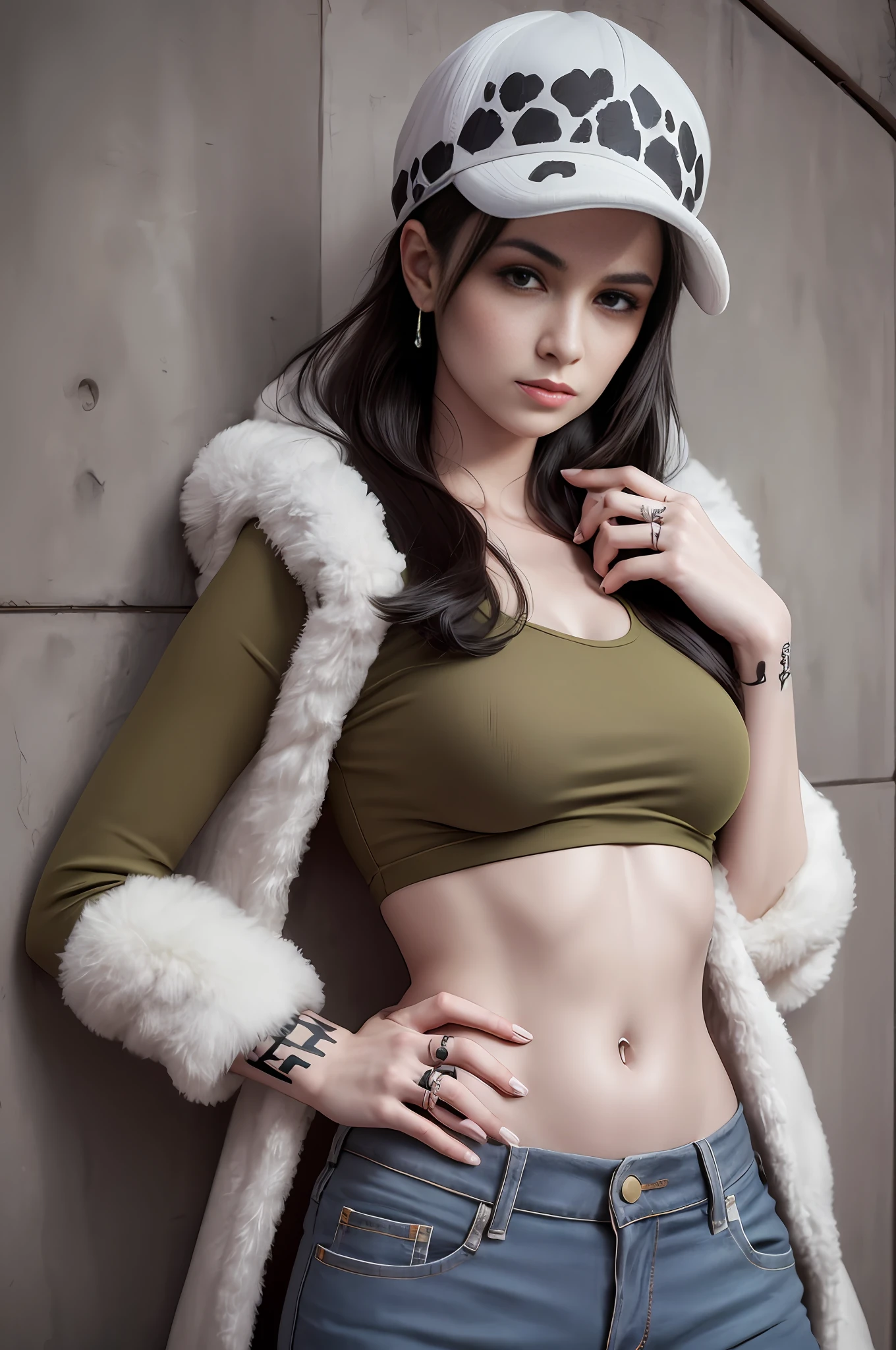 masterpiece, best quality, 8k,highestres, absurdres, extremely detailed, female trafalgar law, 1girl, 1sword, solo, looking at viewer, long hair, medium built, hat, navel, earrings, midriff, pants, coat, fur trim, denim, jeans, shoulder tattoo, hand tattoo, finger tattoo, black fur-trimmed coat, coat on shoulders, yellow tank top,///,