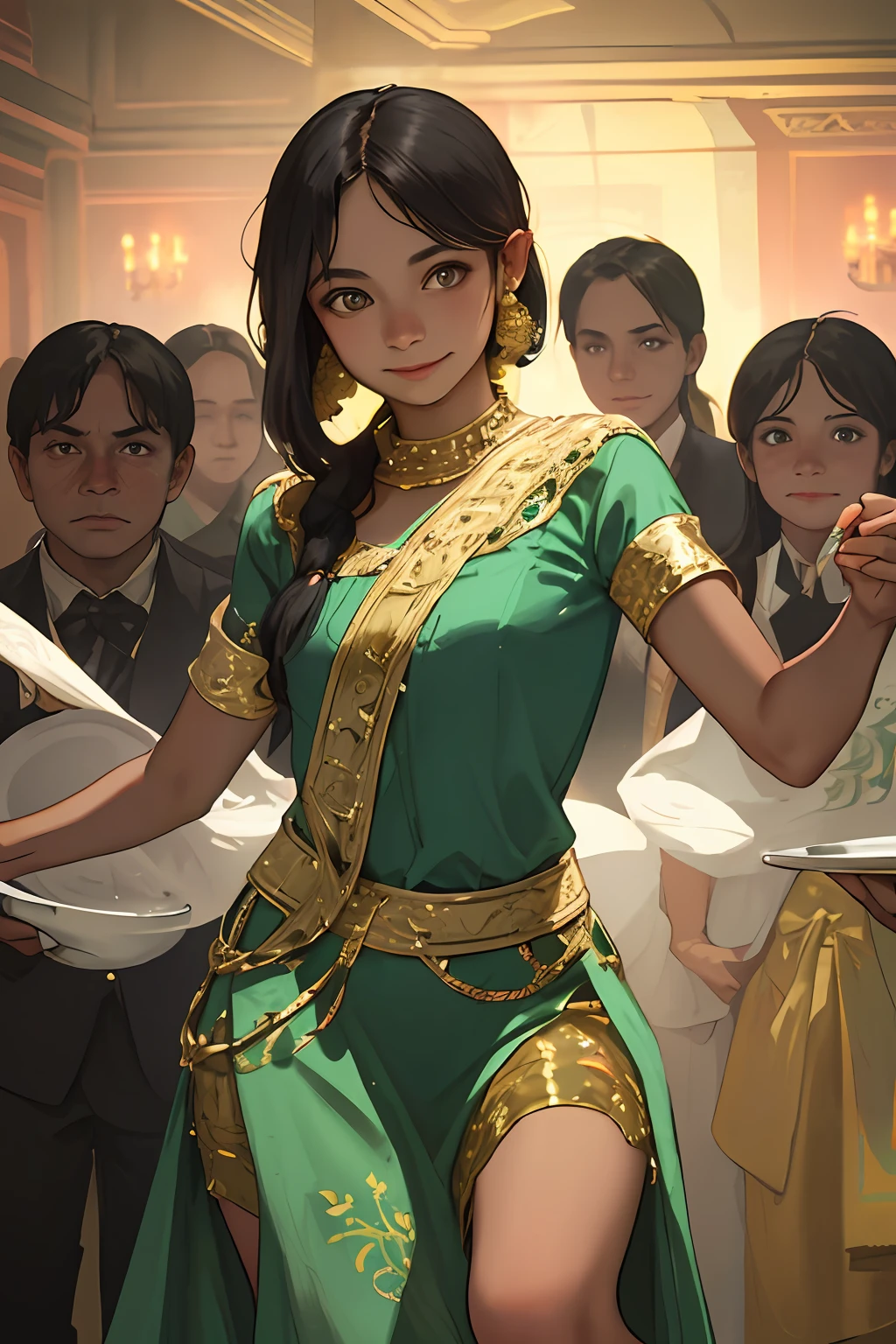 (masterpiece, best quality, realistic),
1girl, background, indian dress, dancing, intricate, dark green dress, gold, indian palace, india, indian person, banquet, crowd, picking up skirt, darker skin,
[slight smile],