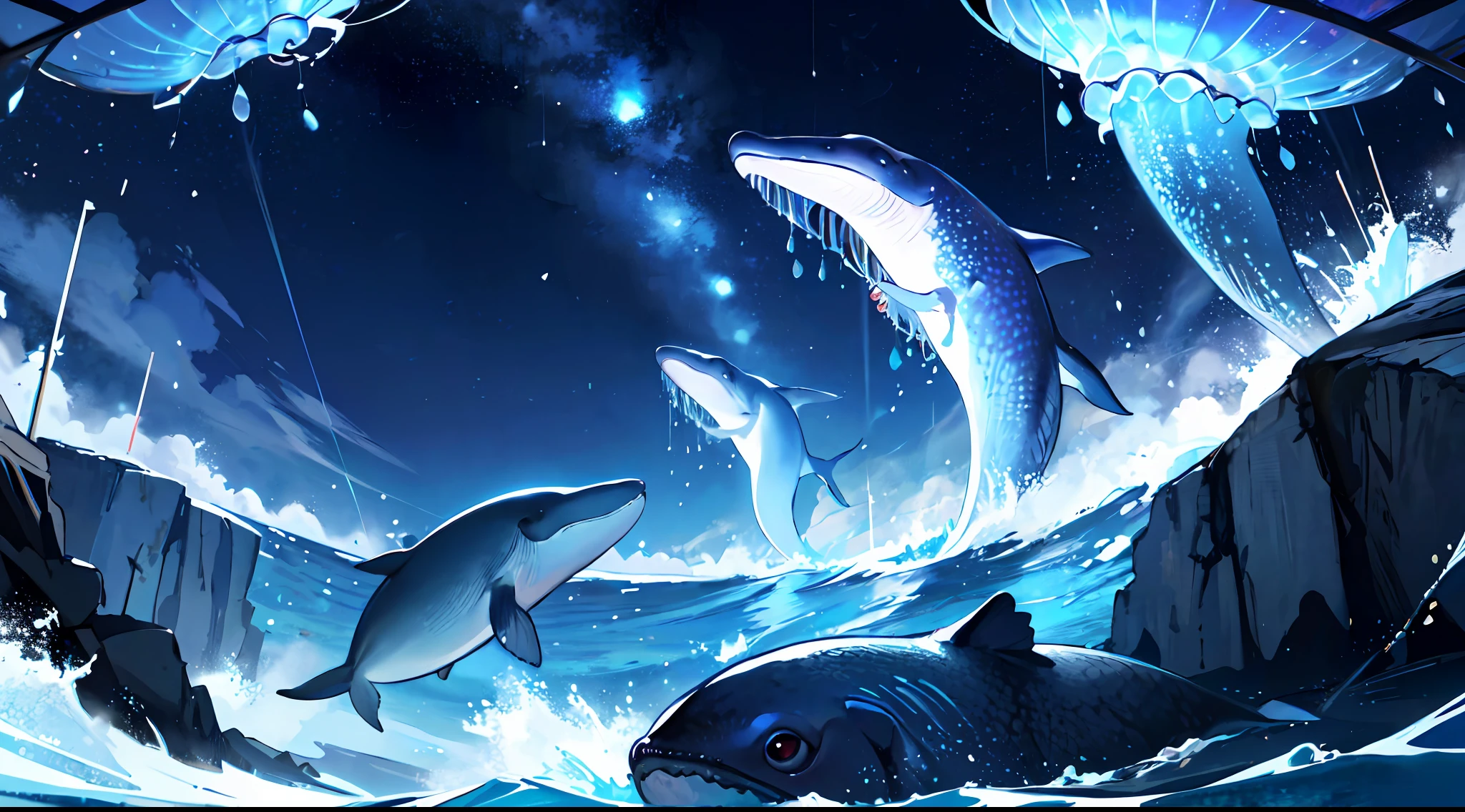 (((masterpiece))), ((best quality)), detailed, professional lighting, (((Ultra Detailed))),absurdres,(((incredibly absurdres))), whales fall in sky, colorful jellyfish