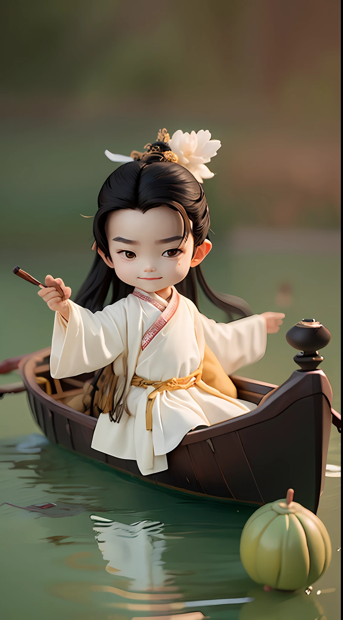 (Masterpiece),(Need),(Super meticulous),(Entire body:1.2)，（A ：Laugh，White Hanfu，with long black hair，Sit in a small boat，The boat is on the water)，（backdrop：Yangtze，Mountain，）chibi