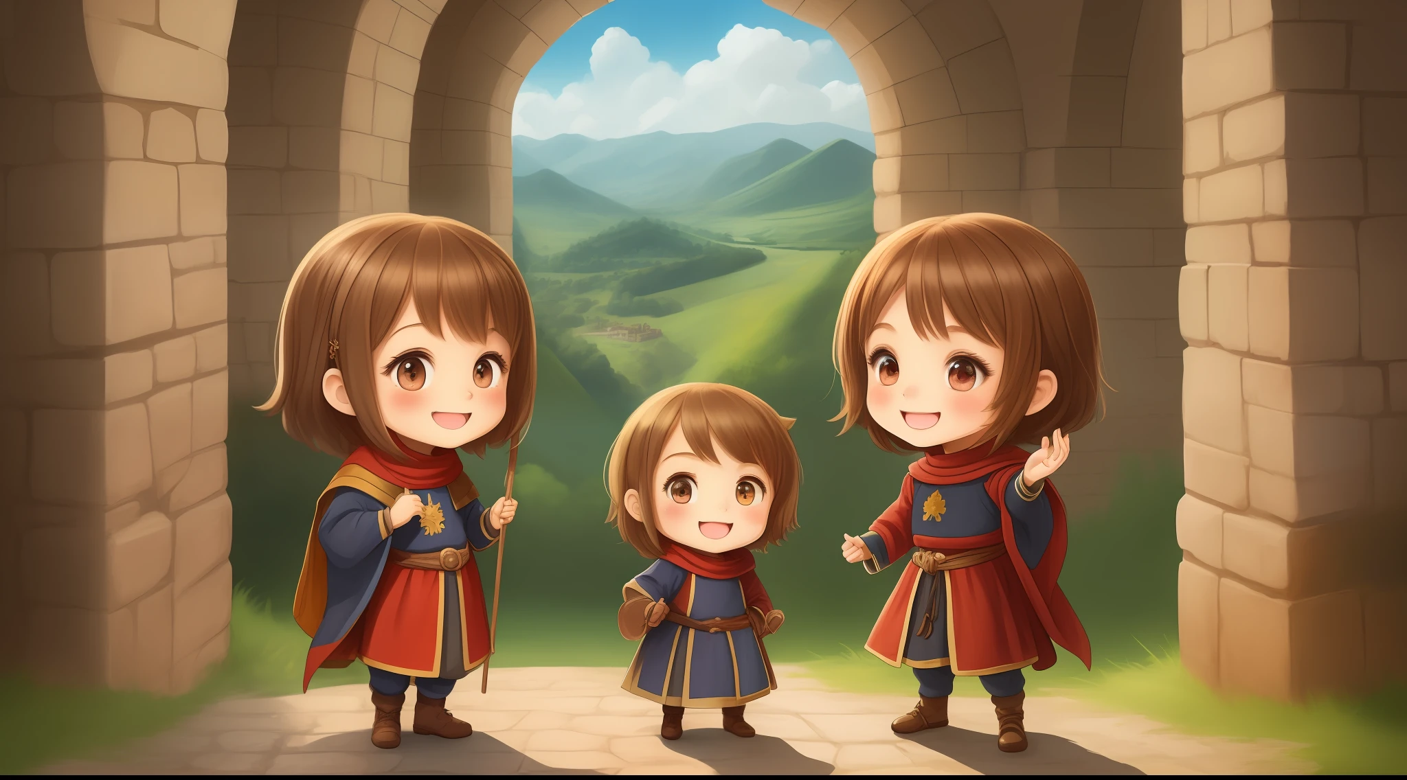 (4 happy children image seen from afar) long legs. (medieval clothes) character .chibi.animated.(a boy king) ancient scenery. from 1600 years ago.