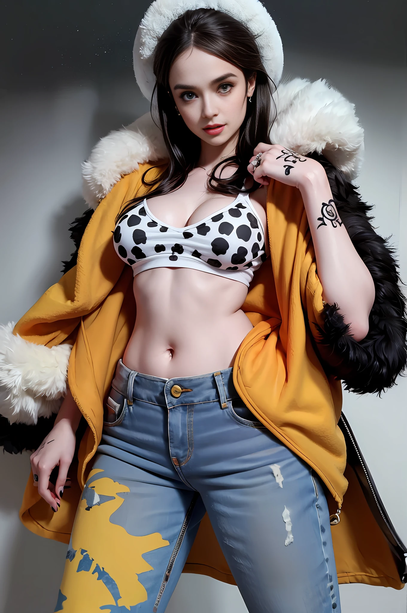 masterpiece, best quality, 8k,highestres, absurdres, extremely detailed, female trafalgar law, 1girl, holding a sword, solo, looking at viewer, long hair, medium breasts, hat, navel, earrings, midriff, pants, coat, fur trim, denim, jeans, shoulder tattoo, hand tattoo, finger tattoo, black fur-trimmed coat, coat on shoulders, yellow tank top,///,