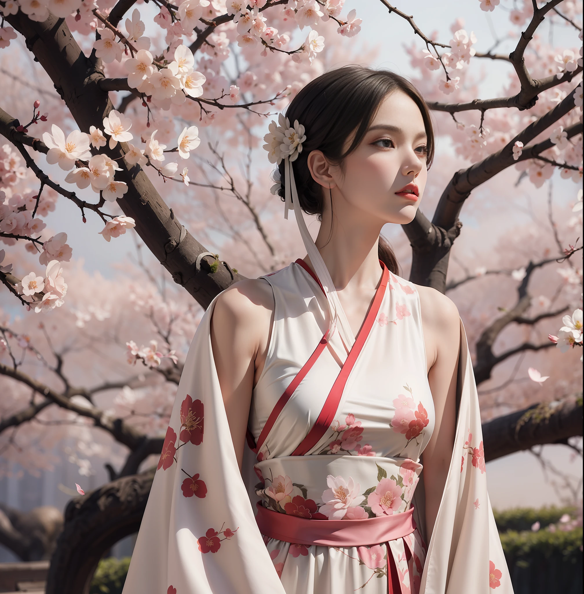 An ethereal image of a model in a Ming Dynasty inspired silk gown, gazing off into the distance, captured in an ultra-wide angle, amidst a stylized garden with cherry blossoms. Medium: L'Officiel, Artist: Erik Madigan Heck --ar 5:7 50 --style raw --s 2
