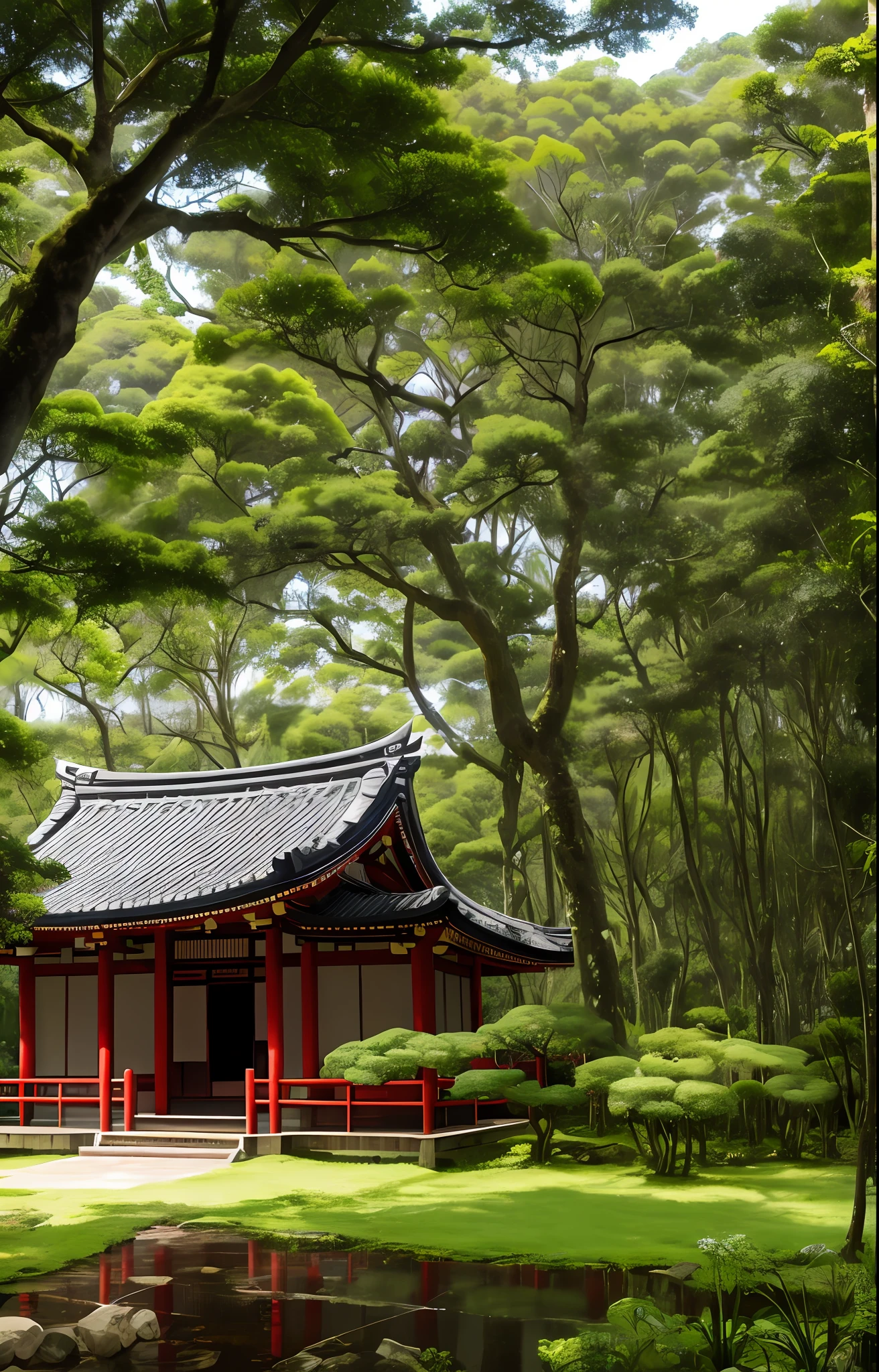 Floresta de cerejeira, white tree trunks, Classic Japanese Taisho era temple at forest bottom, folhas de cerejeira caindo, Blue and pink aesthetics, midday lighting, vibrante, damp, semelhante a um pantanal de cerejeira --auto