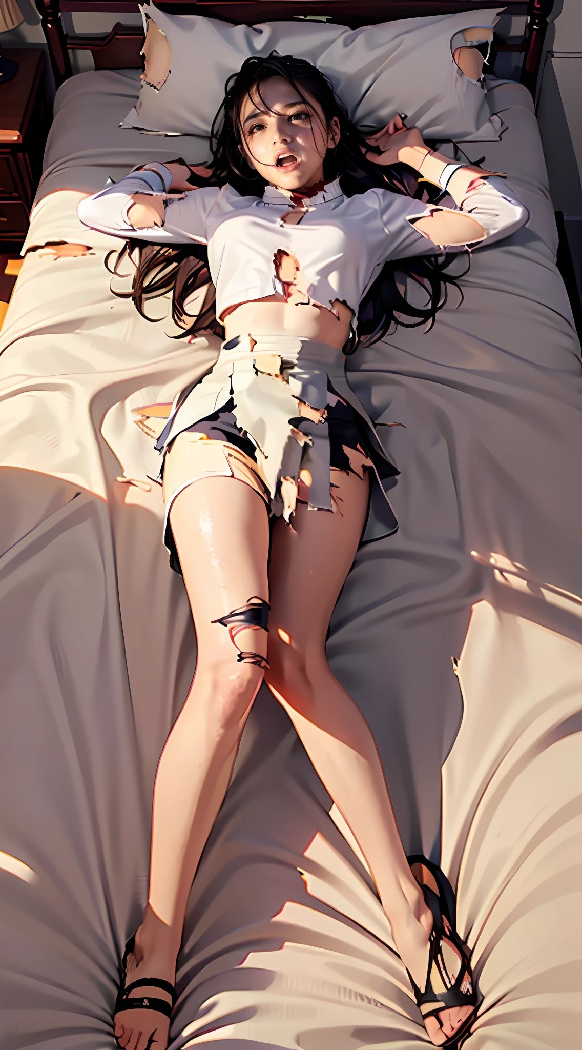 （（laying on the bed：2））， （（screaming））， （A masterpiece， bestbestquality： 1.2）， （（full body in shot））， solo， 1 woman， （Foot bent： 1.5） [Diligerba|Zhao Liying]，Toned body，leggy，（Torn top：2）, (Torn skirt:2)