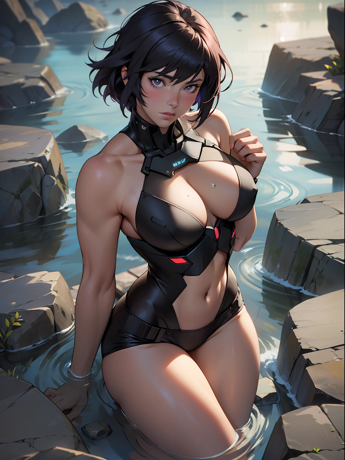 Arti modern anime. Birds eye view, A stunningly beautiful Motoko Kusanagi from the anime Ghost in the shell, D cup big bust, slim body. vixip, close-up face portrait, photorealistic. Blush, Water drop, rock, water reflection, stairs, trod. Hand drawing illustration, cinematic lighting, highly detailed. Perfect composition golden ratio, masterpiece, best quality, 4k, sharp focus. Better hand, perfect anatomy.