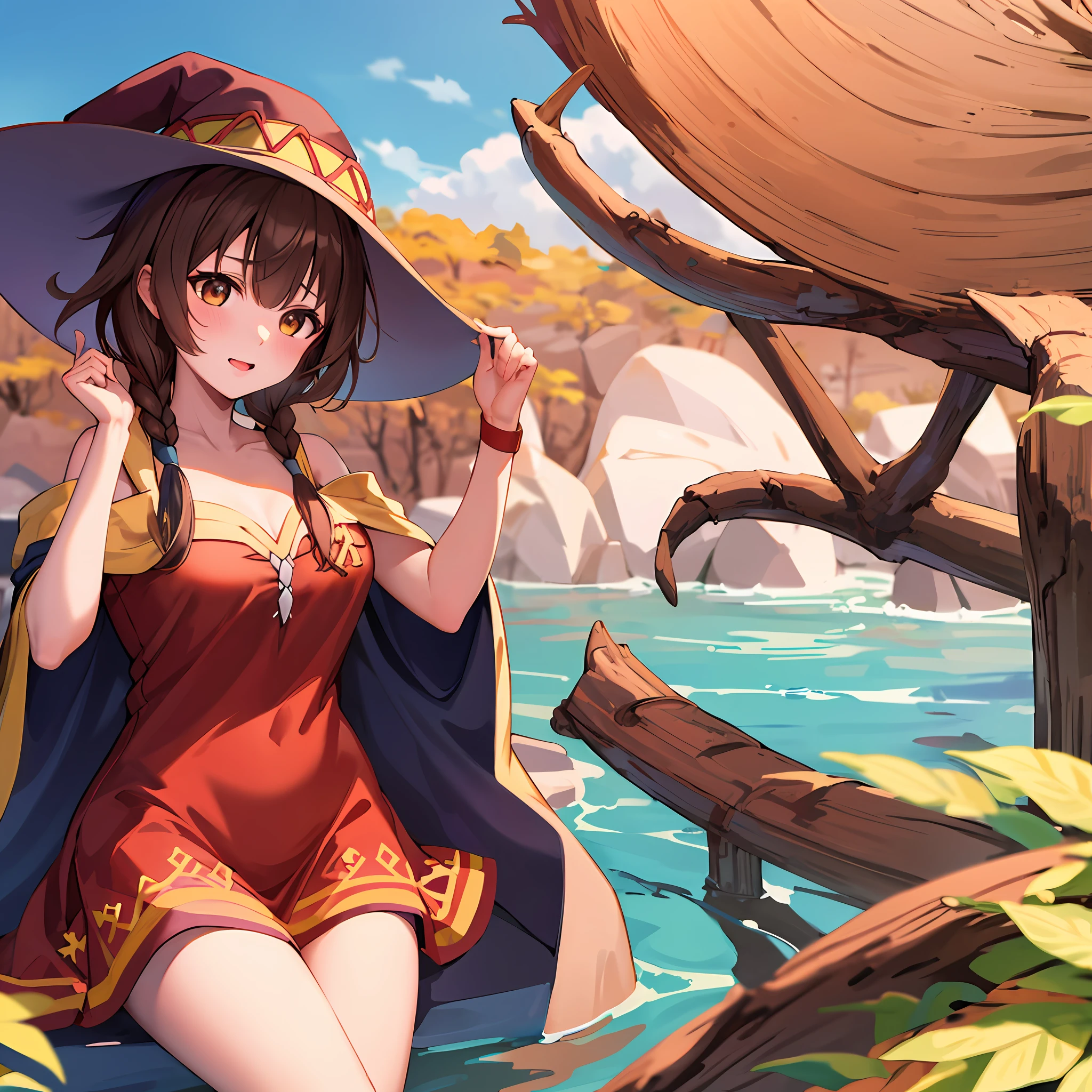 obra-prima, melhor qualidade, highres, ik2, 1girl_megumin_konosuba, cabelo liso curto, cabelo preto, cabcamisa branca, saia marrom, twin braids, kalap, orelhas de animal, mangas compridas, gravata borboleta xadrez, middle breasts, inclinado para frente, boca fechada,