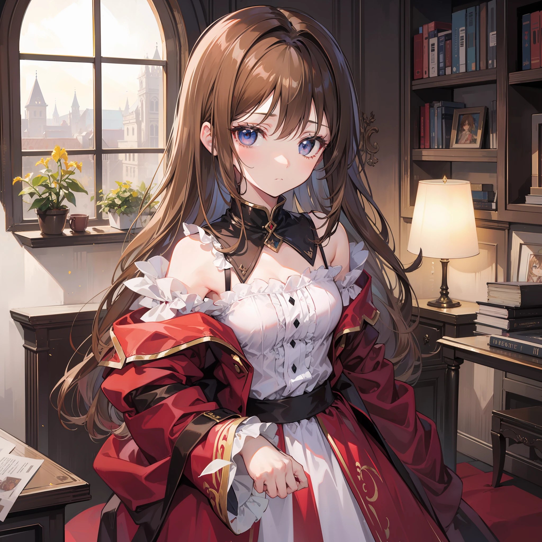 Chica, Light brown hair, iris rojo oscuro, vestimenta medieval de la realeza, arquera, anime, 2d, ojos tristes