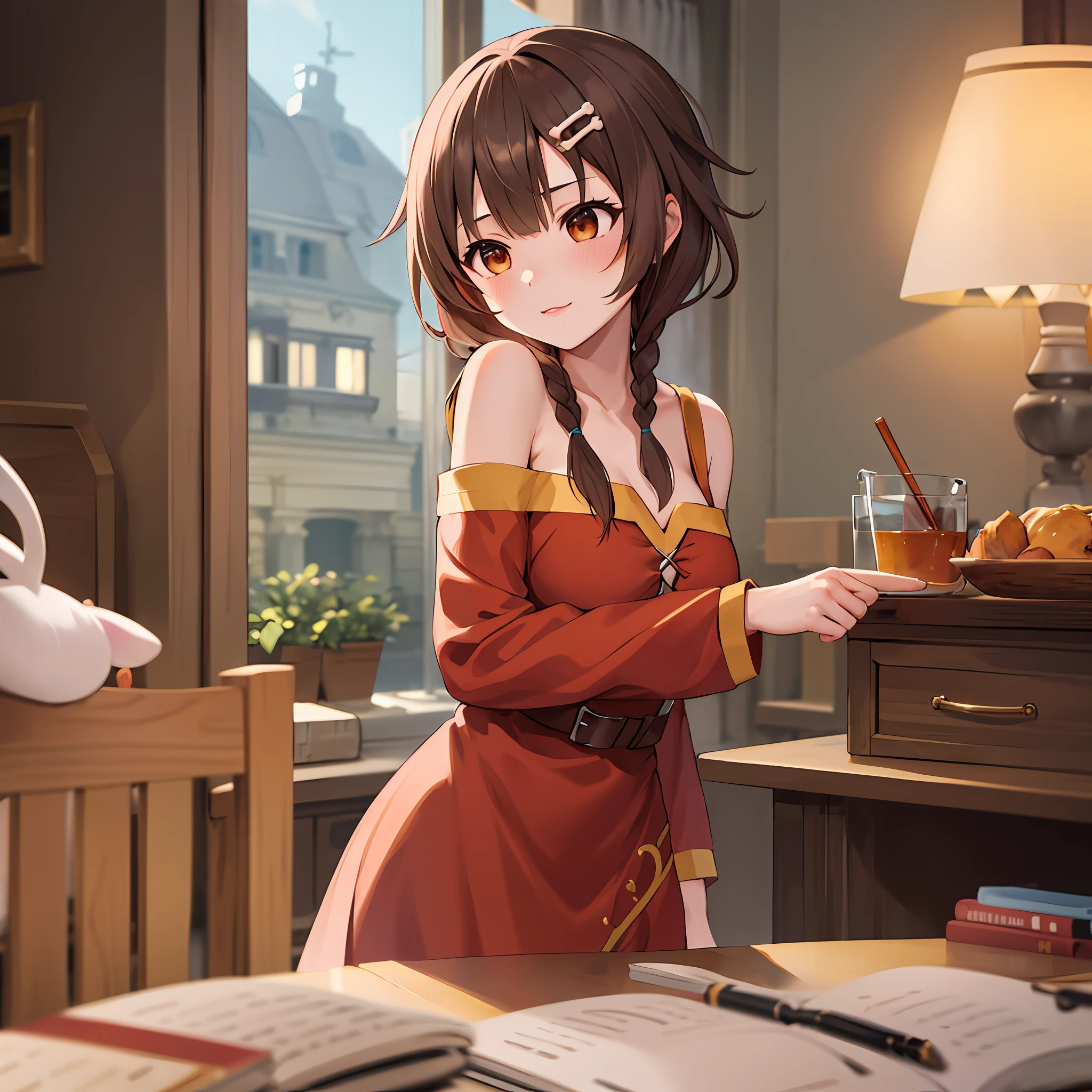 obra-prima, melhor qualidade, highres, ik2, 1girl_megumin_konosuba, cabelo liso curto, cabelo preto, cabcamisa branca, saia marrom, twin braids, kalap, orelhas de animal, mangas compridas, gravata borboleta xadrez, middle breasts, inclinado para frente, boca fechada,