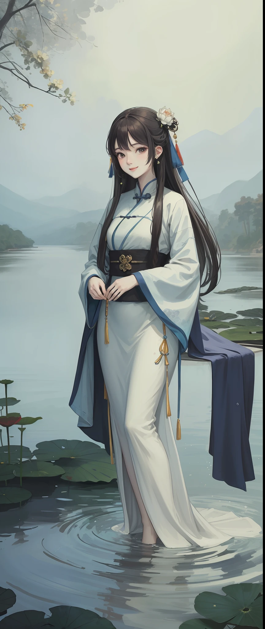 ((4k,masterpiece,best quality)), shuimobysim, traditional chinese ink painting, lotus,  hanfu, maxiskit, dress conservatively
1girl, solo, long blue hair, smile, standing, feet in the water, barefoot,