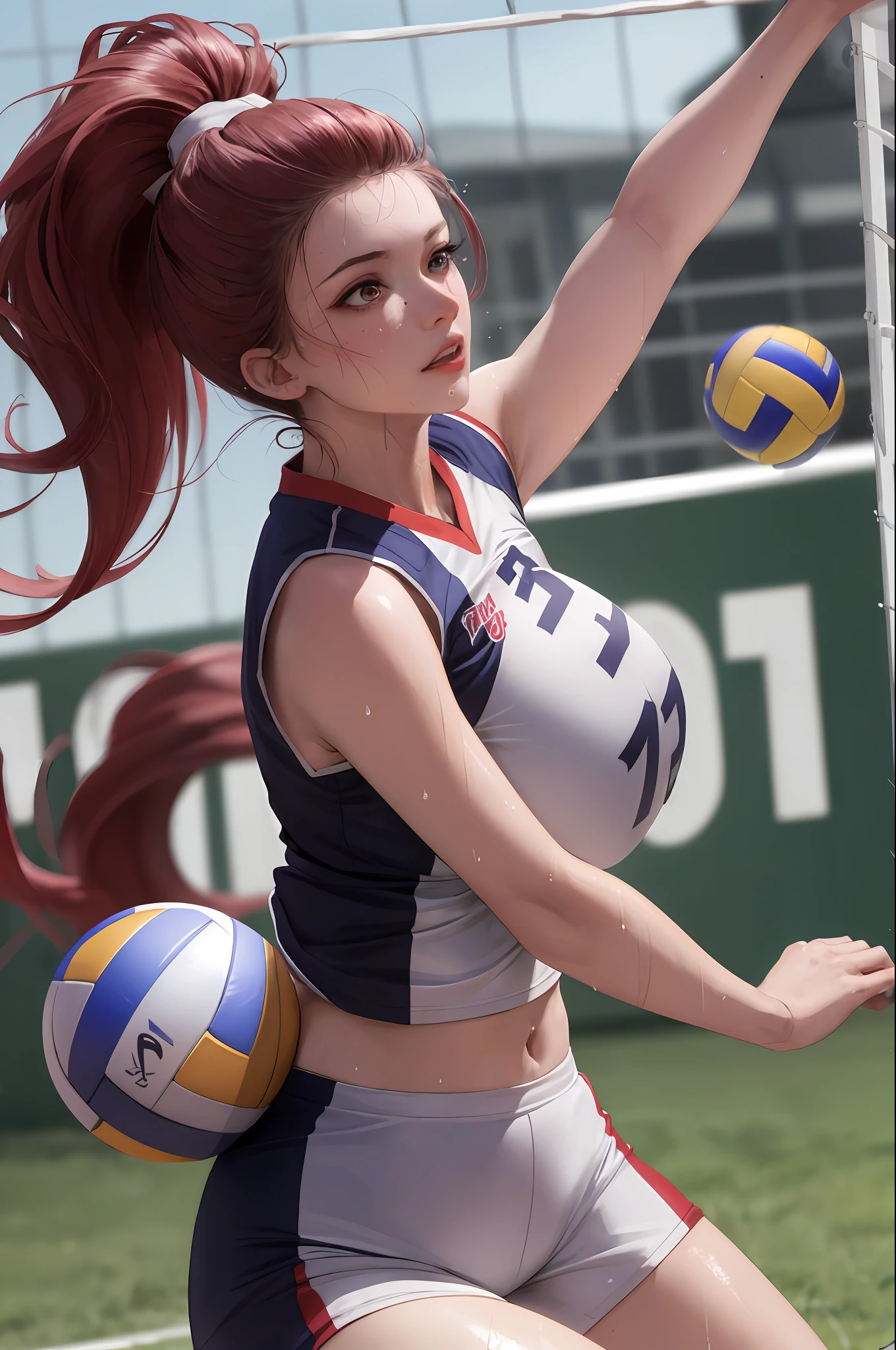 masterpiece:1.2, best quality), realistic, (real picture, intricate details, depth of field), (1girl, solo), make up, parted lips, highly-detailed, perfect face, (huge breasts:1.4), (skindentation), thick thighs, wide hips, small waist, tall, glossy coral lips, red hairs, red eyes, ponytail, (A girl playing volleyball, white volleyball uniform), (sweating:1.2), (wet), sexy, blushing,