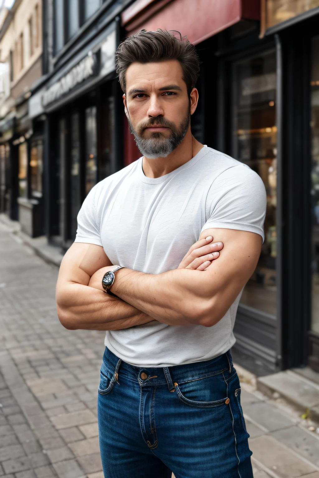 (Highest quality, amazing details: 1.4), masterpiece, original characters, natural volumetric lighting and better shadows, deep depth of field, sharp focus, portrait of the man 45 years incredibly beautiful muscles, full body, beautiful face manly, beard, attractive with clear eyes, seductive smile, shaggy short gray hair, white tight shirt, jeans, (messy painted body: 1.05), (street background with shops: 1.15), shopping street, (standing with arms crossed: 1.2), picturesque, overexposure, photorealism, photorealistic, nsfw, sexy,, sharp, focused, centered, sensual, HD, 8k, DSLR, RAW
