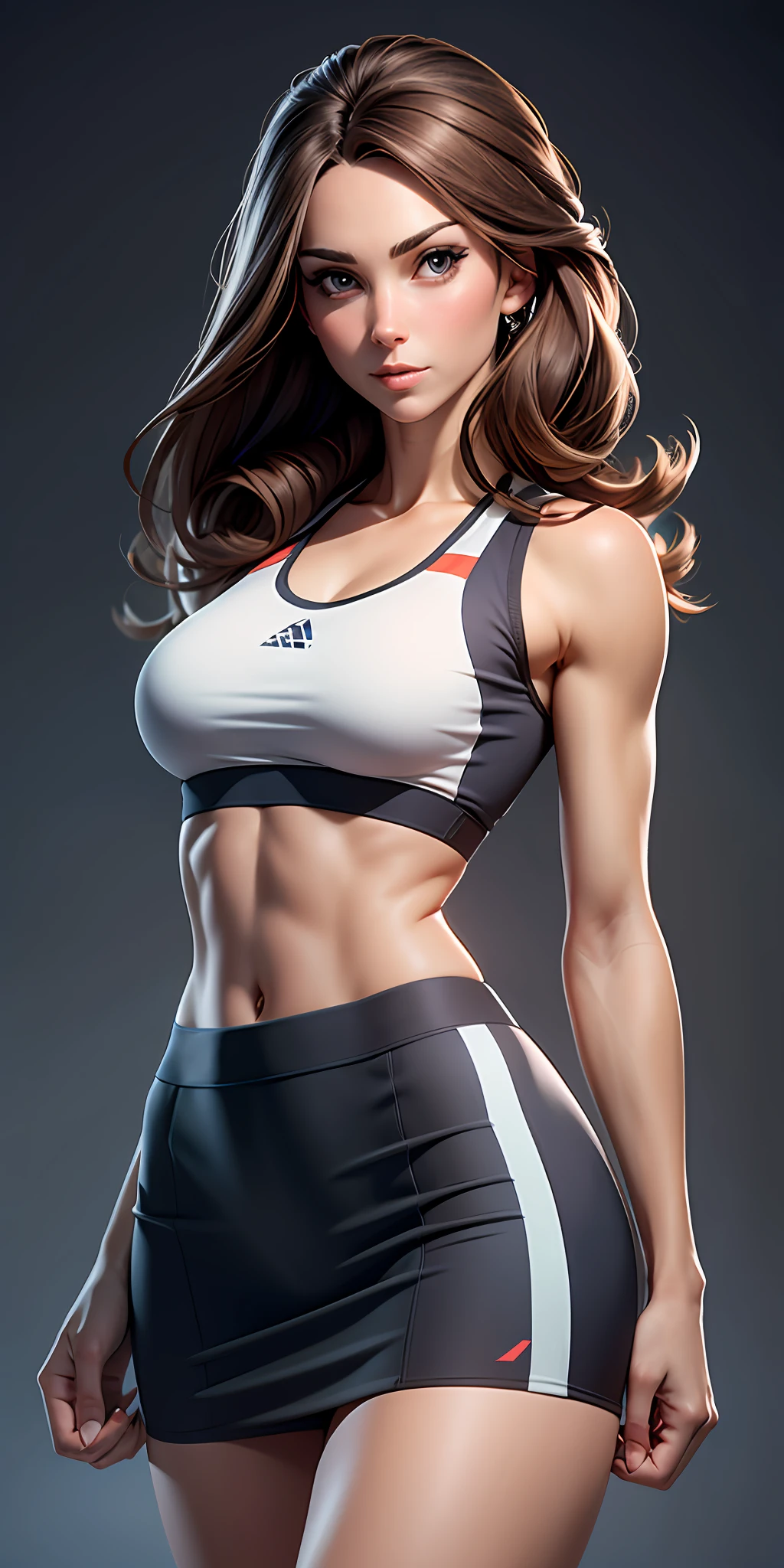 Kate middleton, (perfect face), defined jawline, beautiful eyes, beautiful lips, (perfect anatomy), (athletic body), (sexy), (elegant thighs), (perfect hands), looking at viewer, realistic, sexy skirt and sports bra, cum on face, cum on chest